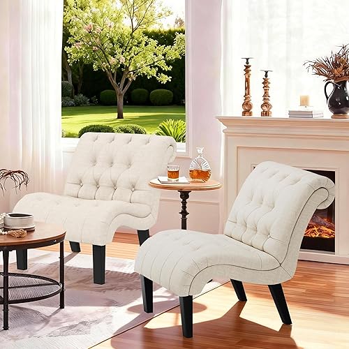 Miniatura 14 de Yongqiang Silla de Acento para Dormitorio Sala de Estar Sillas Capitoneadas Tapizadas Silla de Descanso con Patas de Madera Tela de Lino