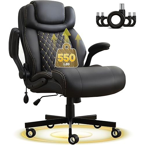 550LBS Big and Tall Office Chair, Comfy Heavy Duty Executive Chair with Adjustable Lumbar Support Double Spaces Casters, PU Leather Extra Wide Seat Ergonomic Computer Desk Chair for Back Pain, Black