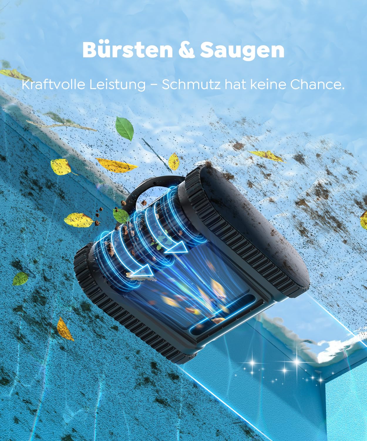 C1 Poolroboter Akku Boden und Wand, Wasserlinie, Doppelfilter, 7 Reinigungsmodi, 170-180 Minuten Laufzeit, Poolreiniger mit App, Poolsuager Akku für Pools bis zu 150 m², Tintenblau