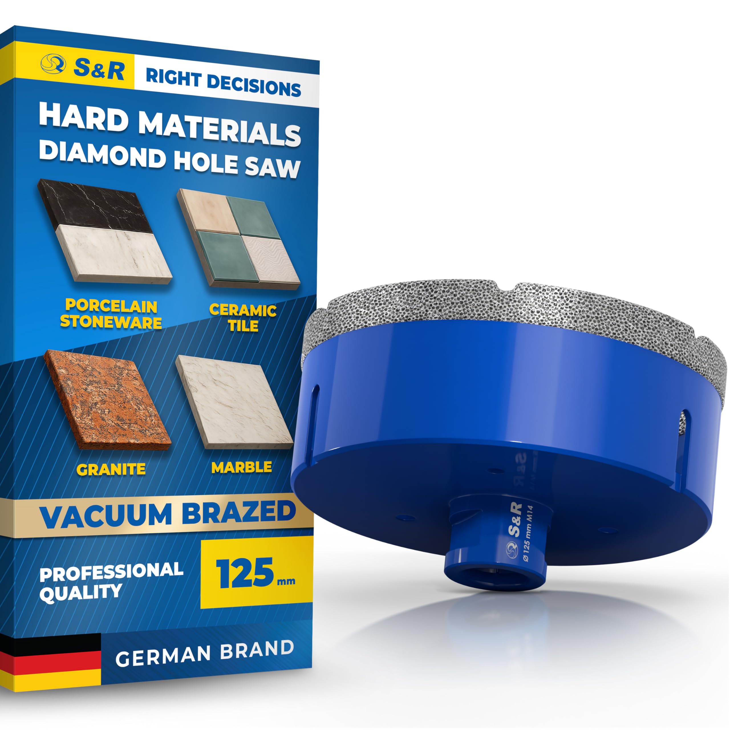 S&R Profesjonalne diamentowe wiertło do płytek 125 mm, otwornica do płytek, gwint M14, diamentowe wiertło, płytki, lutowana próżniowo koronka wiertnicza, szlifierka kątowa do ceramiki, gresu, granitu