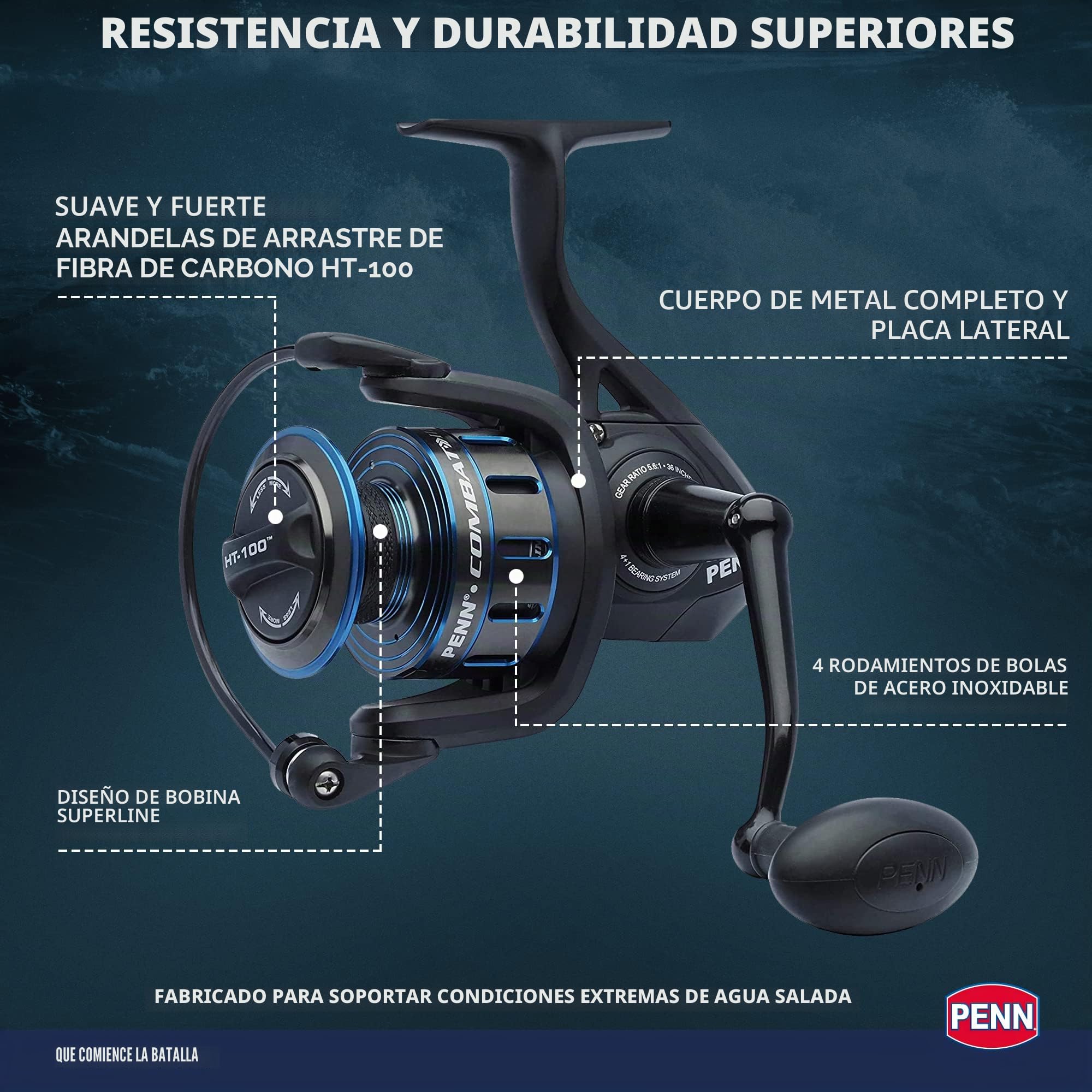 PENN Combat III - Carrete Giratorio de Agua Salada - Carrete versátil de Pesca Marina para Barco, Kayak, Orilla, Spinning, Jigging, Surf y Uso Completo, Negro/Azul