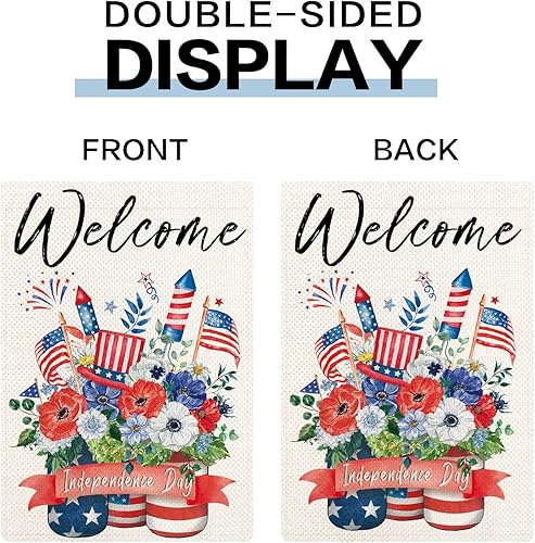 Miniatura 3 de Juego de 4 banderas de jardín de temporada, con texto en inglés "Hello Spring Summer Fall Invierno" con tarro de vidrio de arpillera para patio,