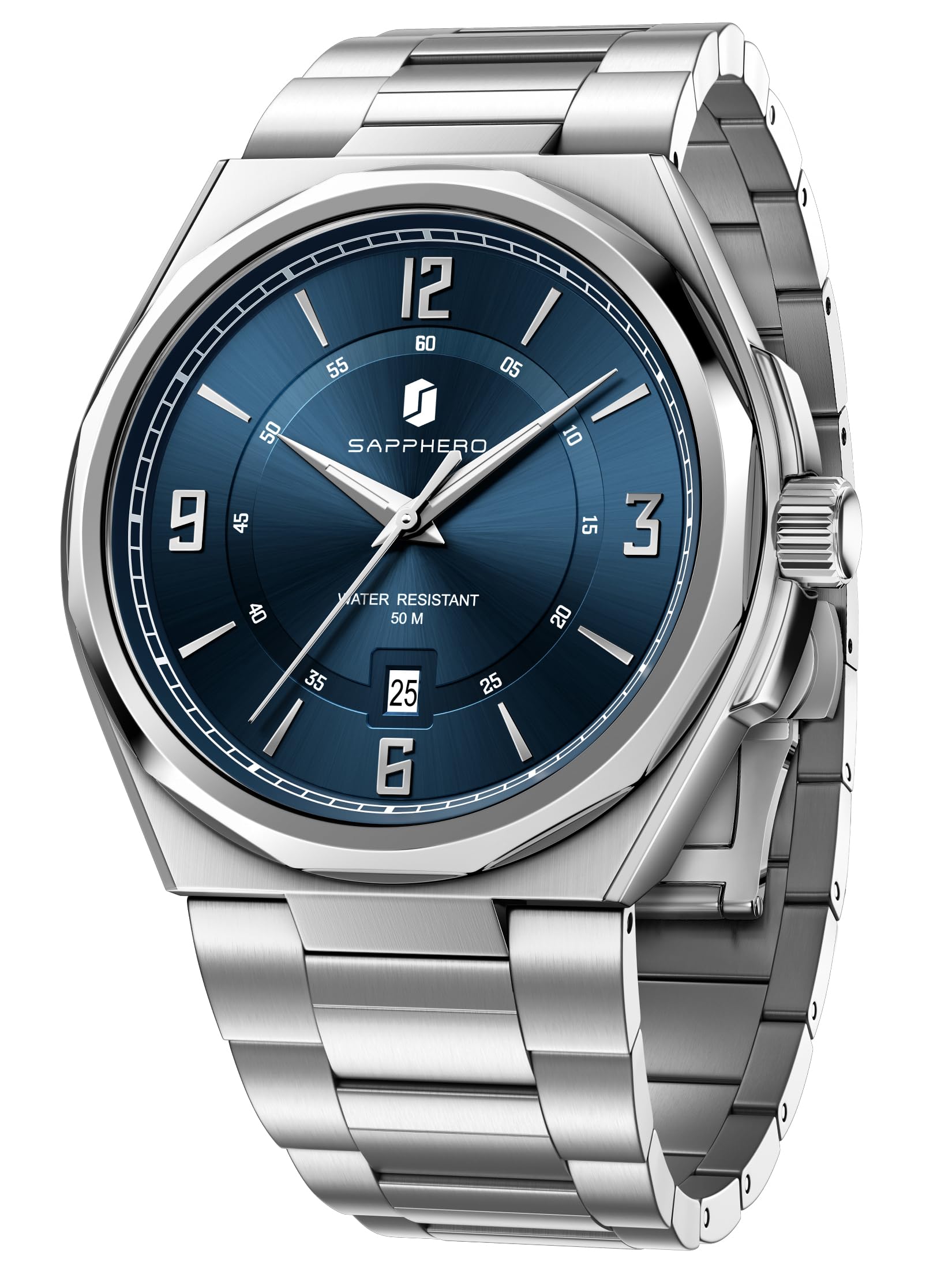 SAPPHERO Reloj de Cuarzo para Hombre con números arábigos, Resistente al Agua hasta 50 m, con números Luminosos, Reloj de Trabajo, Deportivo, Informal, de Noche, con Correa de Acero Inoxidable