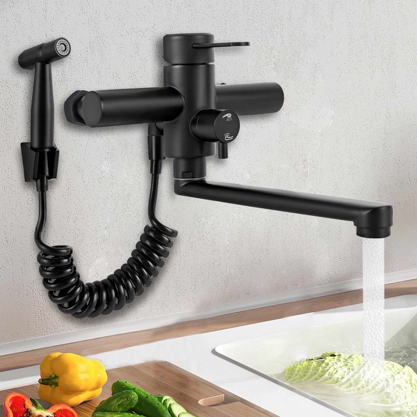 Grifo de cocina, montaje en pared, con pistola, giratorio de 360°, grifo mezclador, varios modos de flujo, manguera flexible telescópica de 1,5 m, para cocinas, baños, aseos, negro