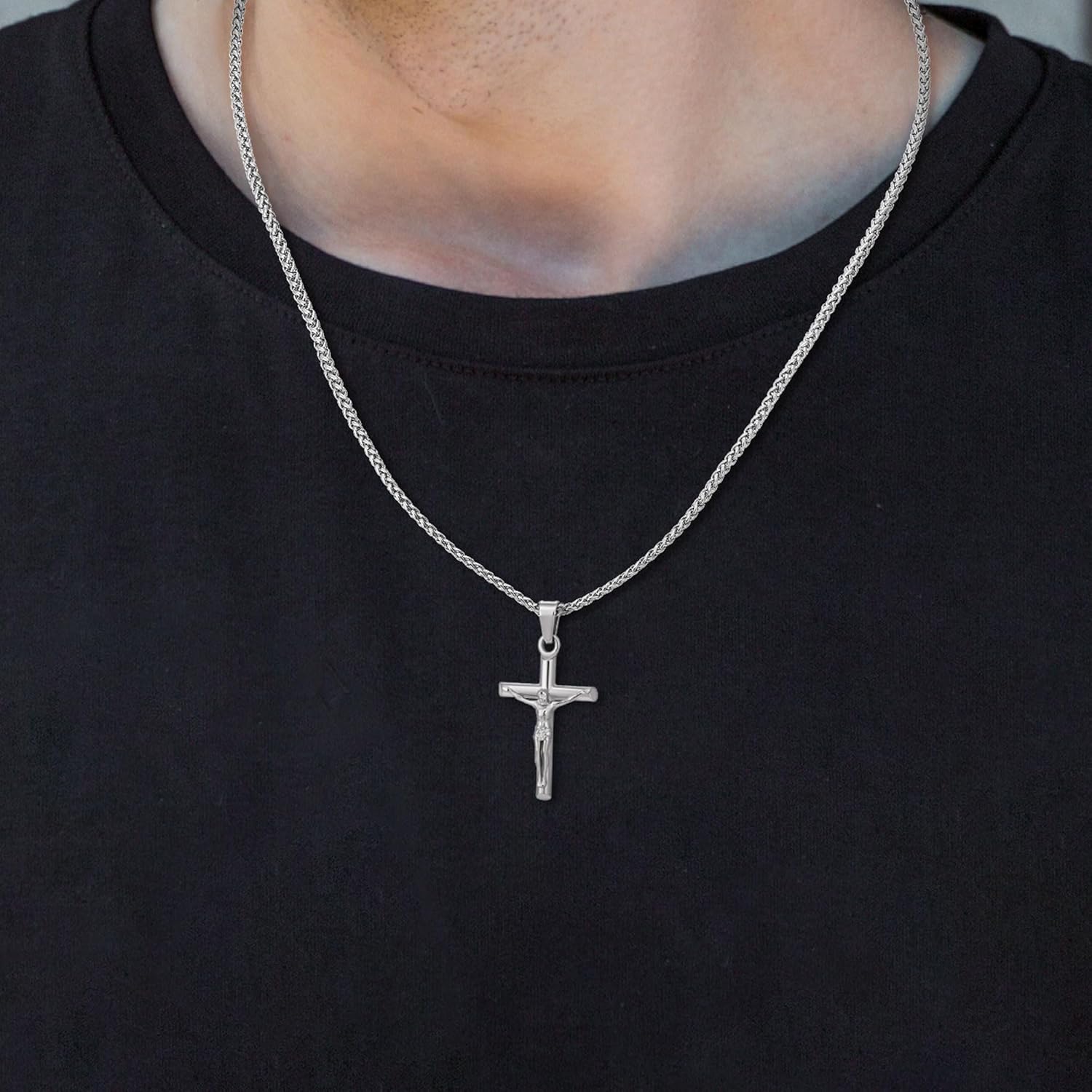 Speroto Jesus Cross Necklace for Men, Silver and Gold Mens Carved Jesus Cross Pendant with Wheat Chain, Simple Jewelry Gift for Men Women - Image 6