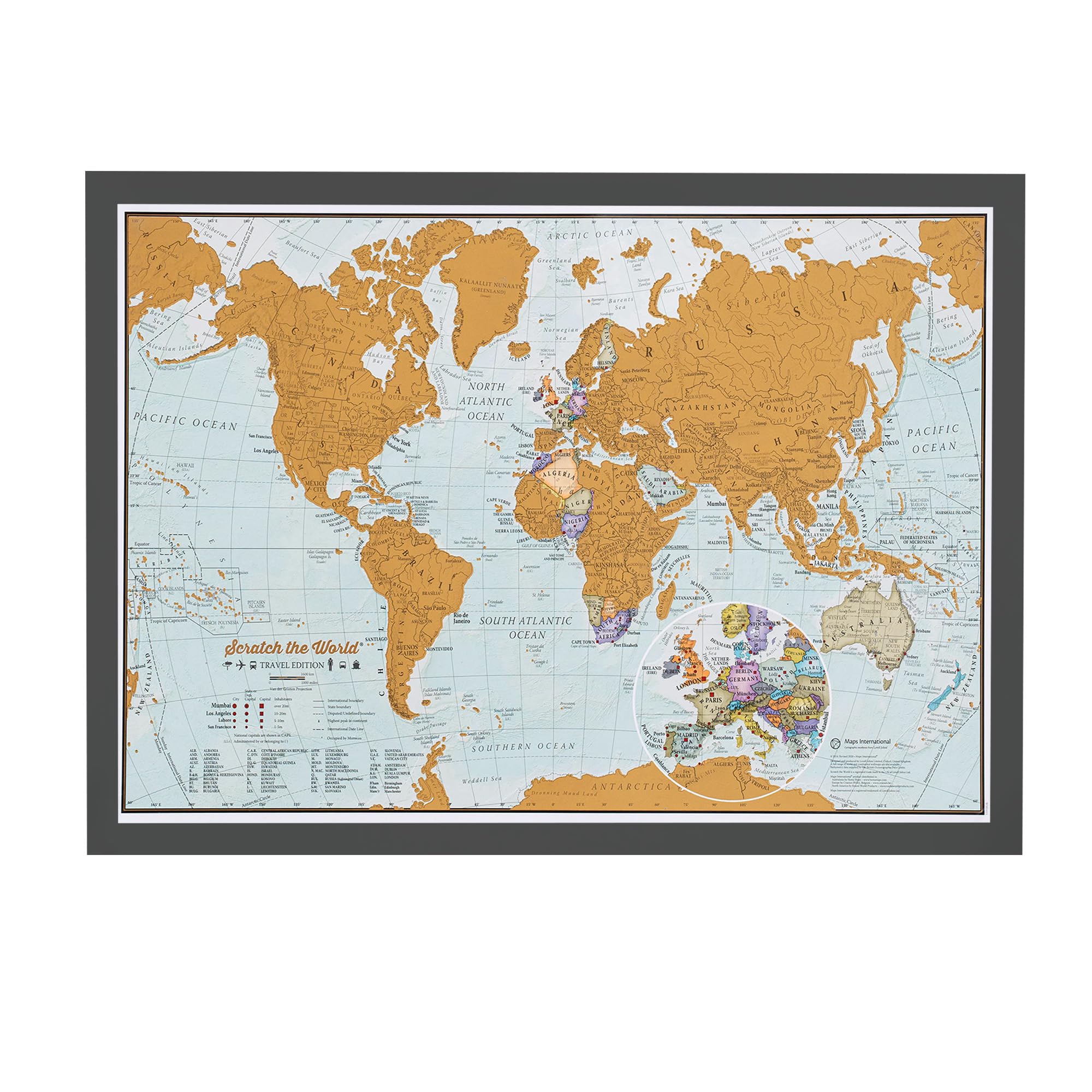 Framed Scratch The World® Travel Map - 42 x 29.7 cm - Black Wood Frame