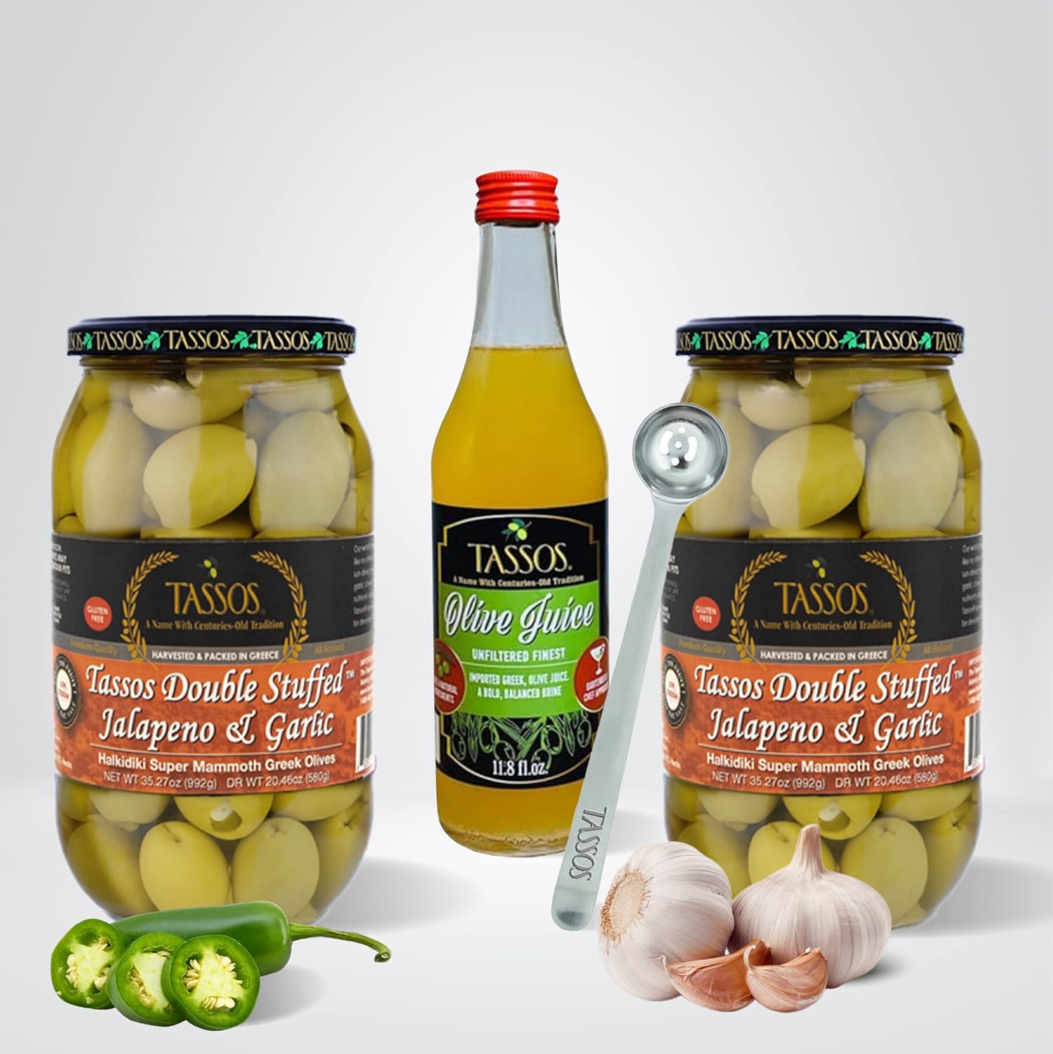 Tassos Olives Gift Set 2/1Lt Jalapeno and Garlic Double