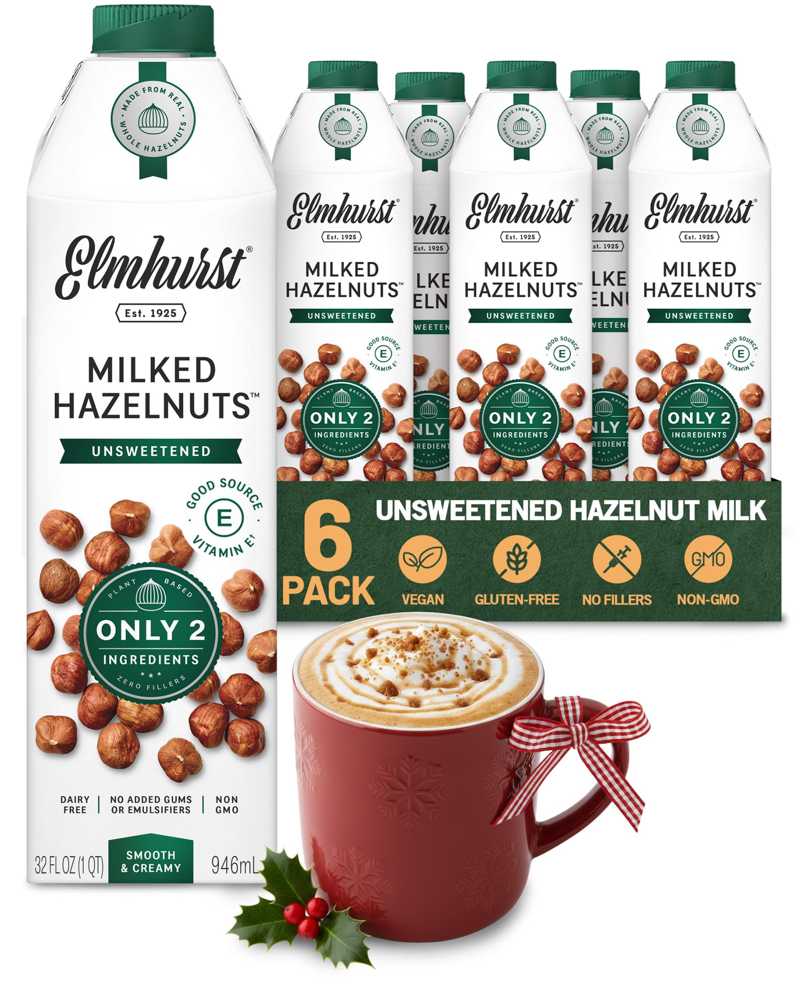 1925 Unsweetened Hazelnut Milk - 32 Ounce (Pack of 6) Dairy-Free, Gluten-Free, Vegan, Kosher, Shelf Stable Milk Made with Water & Hazelnuts for Healthier, Simpler Plant-Based Alternatives