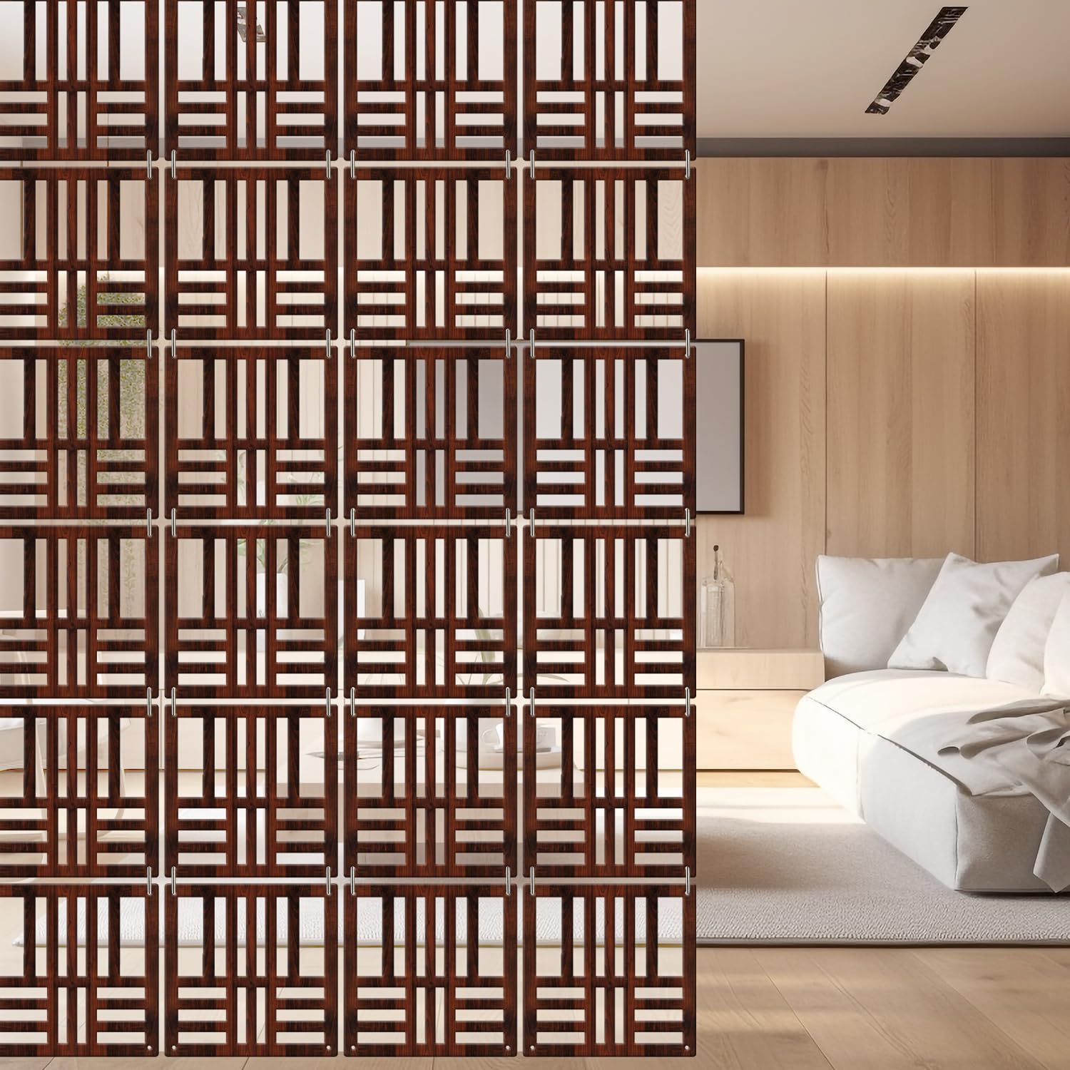 OLIVE TREE Room Partitions Hanging Room Divider Panel Modern Hanging Screen Partition for Decorating Bedding, Dining, Study and Sitting Living Room - Walnut (11.5inch X 11.5 inch) X 12 Panels 7054-image-22