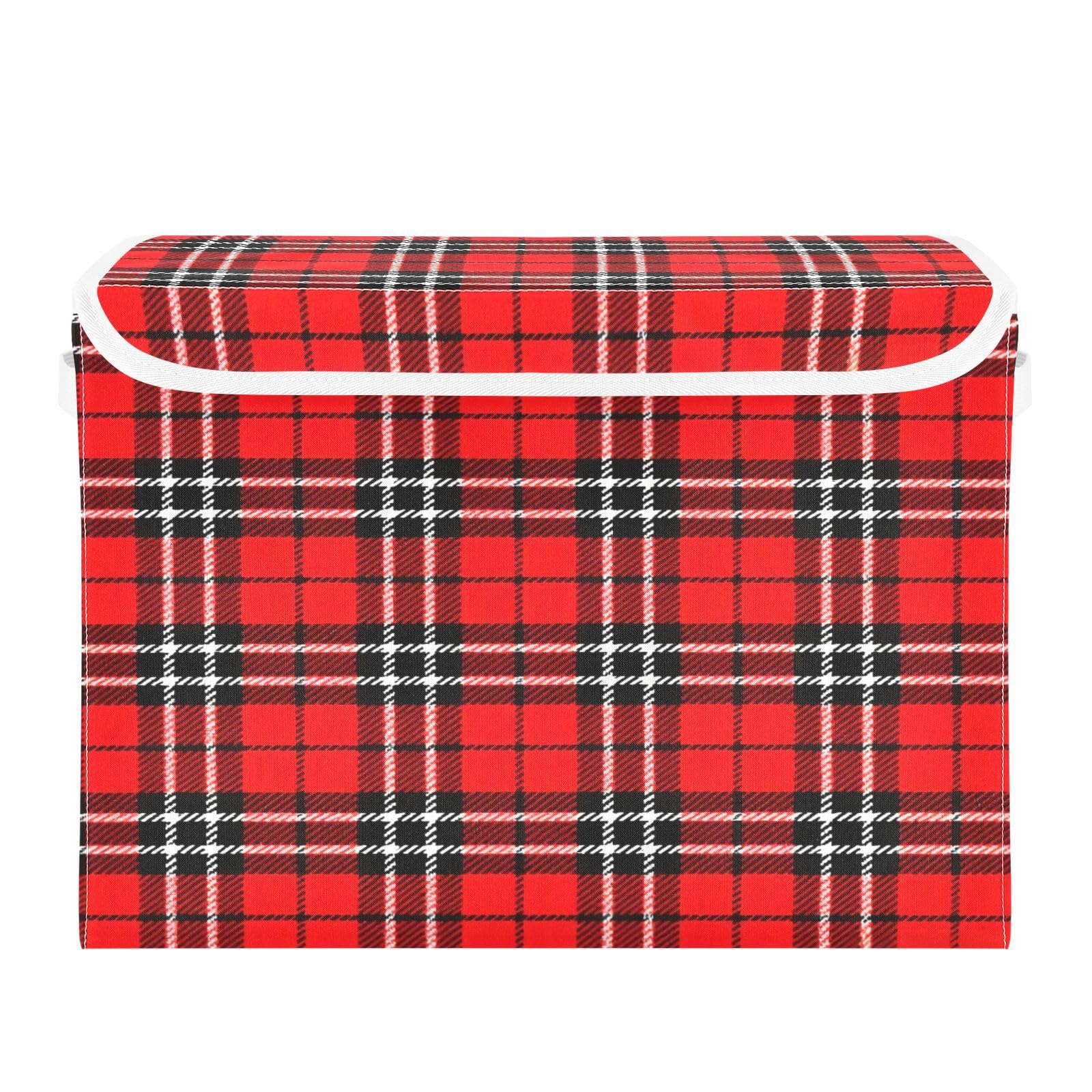 Ewusp Tartan Plaid Fabric Storage Bin with Lid, Decorative Foldable Storage Basket with Handles, Stackable Closet Shelf Organiser Box for Clothes, Books, Bedroom, Living Room