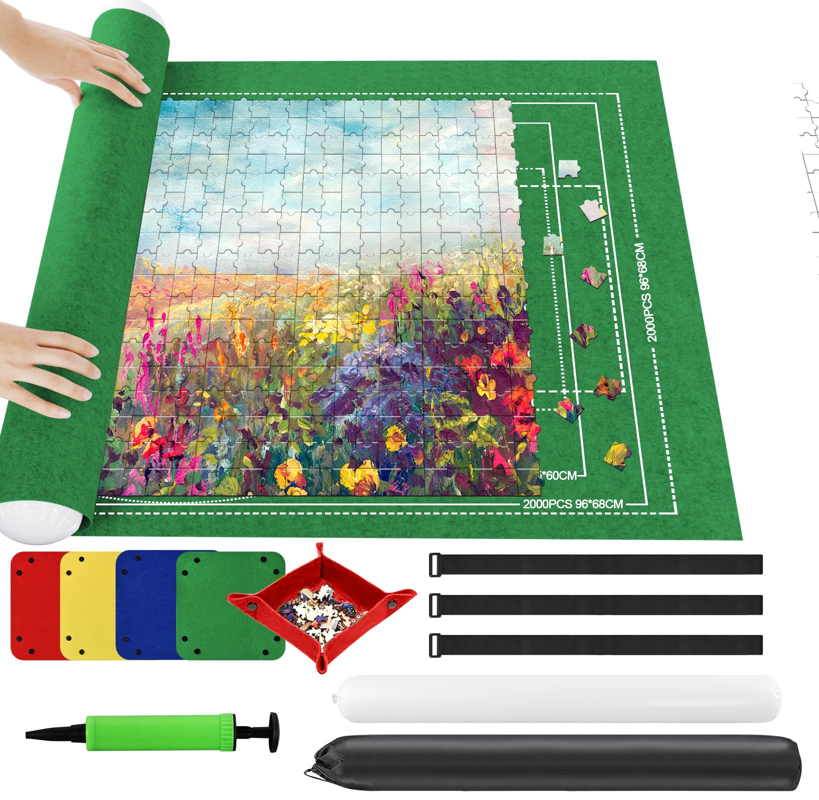 Ainiv Tappetino per puzzle arrotolabile, 2000 pezzi, 119,4 x 80 cm, portatile, in feltro, con 4 vassoi di ordinamento e borsa da viaggio, porta blocco per puzzle per adulti e adolescenti, verde