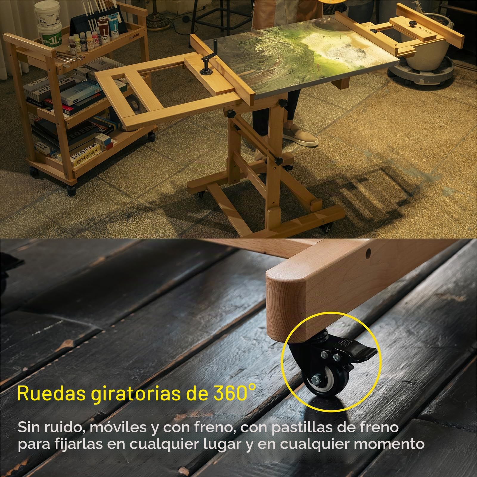 MEEDEN Caballete de estudio de manivela grande de lujo, caballete de pintura de artista resistente, madera de haya maciza con altura ajustable, caballete plano móvil e inclinable, soporta lienzo