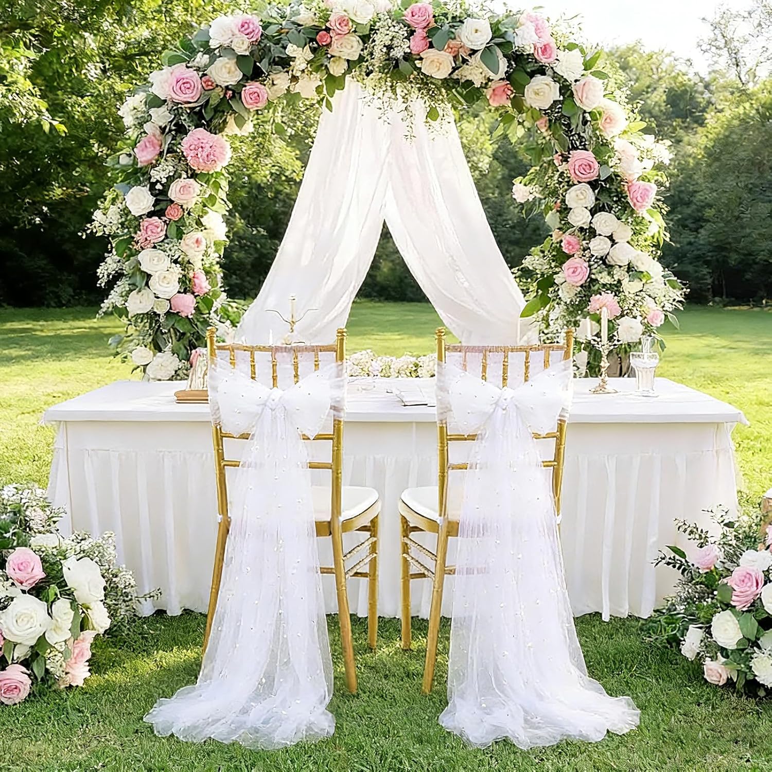 36PCS Wedding Chair Sashes Cover with Pearls 8ft Long Wedding Aisle Decorations Draping Fabric Sheer Church Chair Cover for Party Banquet Outdoor Decor (White)