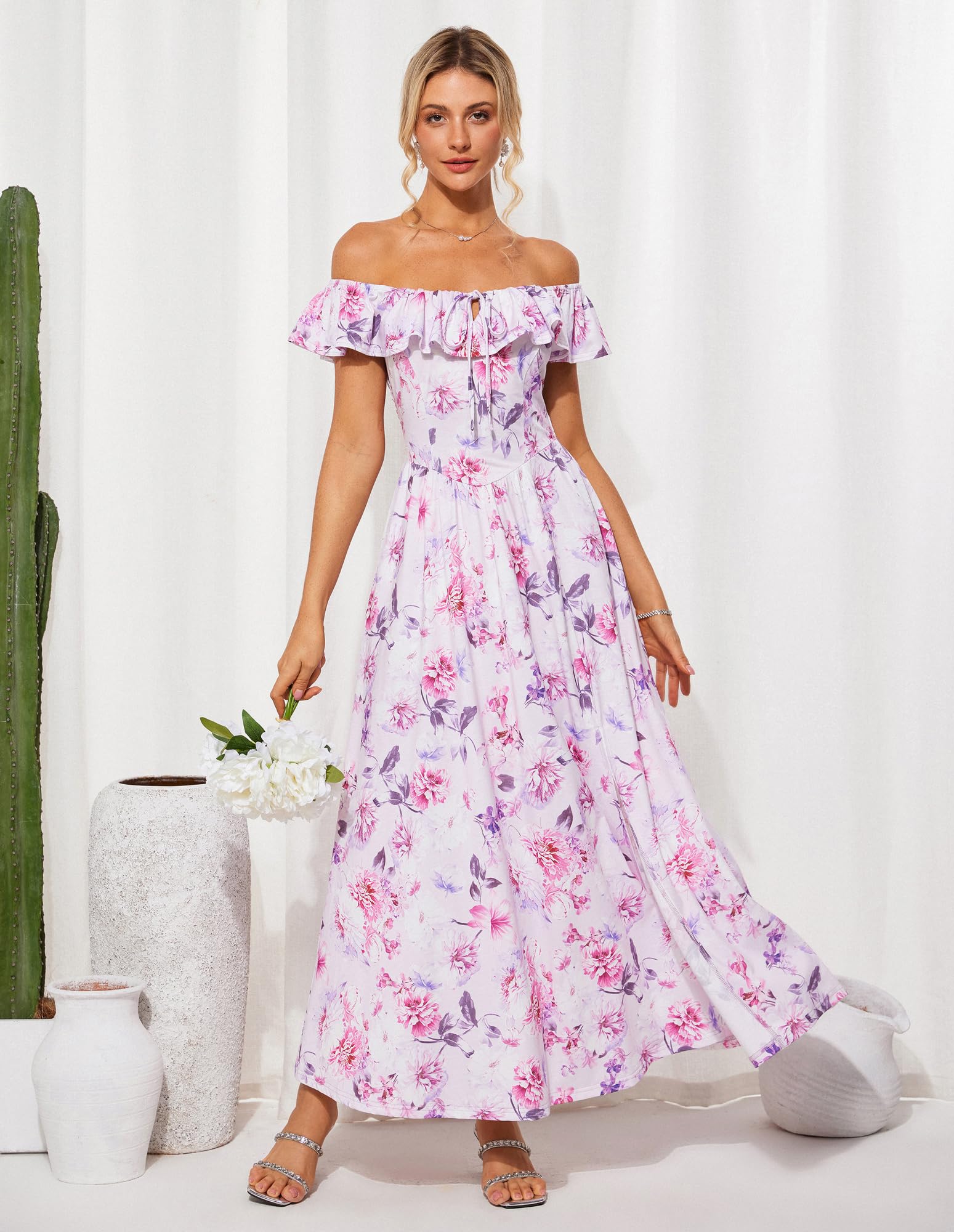 GRACE KARIN Abito Estivo da Donna Lungo con Spalle Scoperte, Volant, Spacco, Boho, Floreale, Elegante, da Spiaggia, per invitati a Nozze, con Tasche