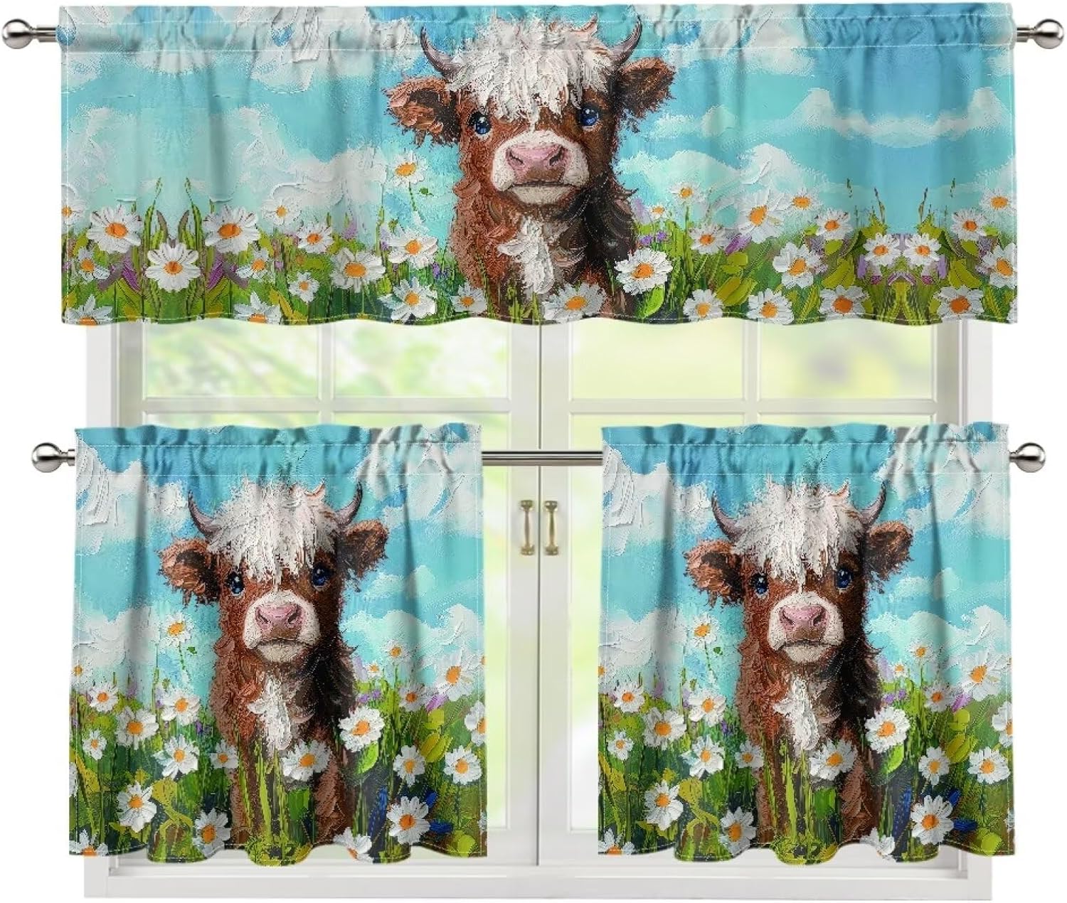 Cow 3 Piece Kitchen Curtains Set Rod Pocket Farmhouse Rustic Small Half Tiers and Valance Curtain Drape Set Blackout Window Treatments Drapes Tier 24 Inch Long for Cafe