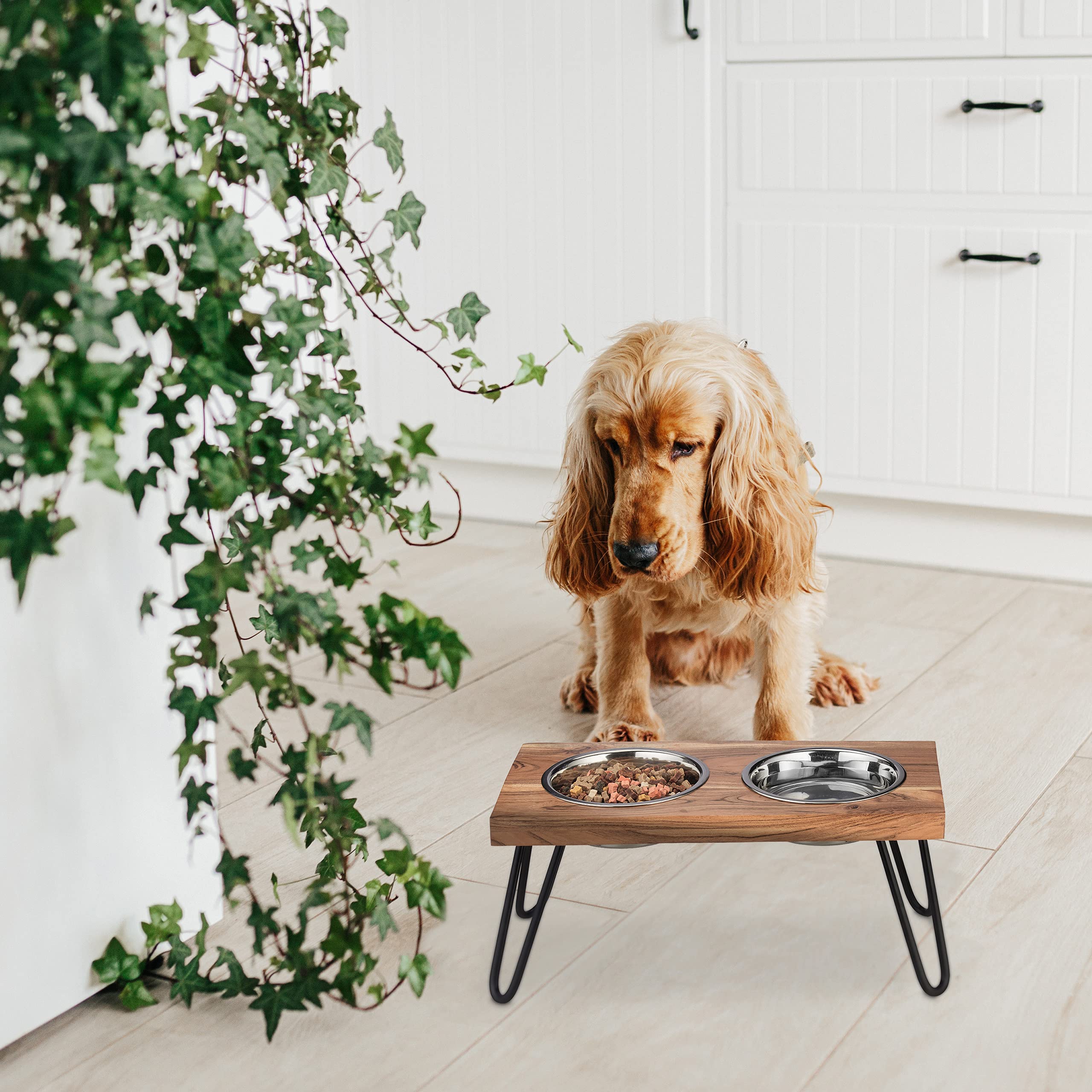 Relaxdays Comedero Elevado para Perro, Soporte Alto de Madera Acacia, 23x49,5x25 cm, 2 Cuencos de Comida 1200 ml, Marrón