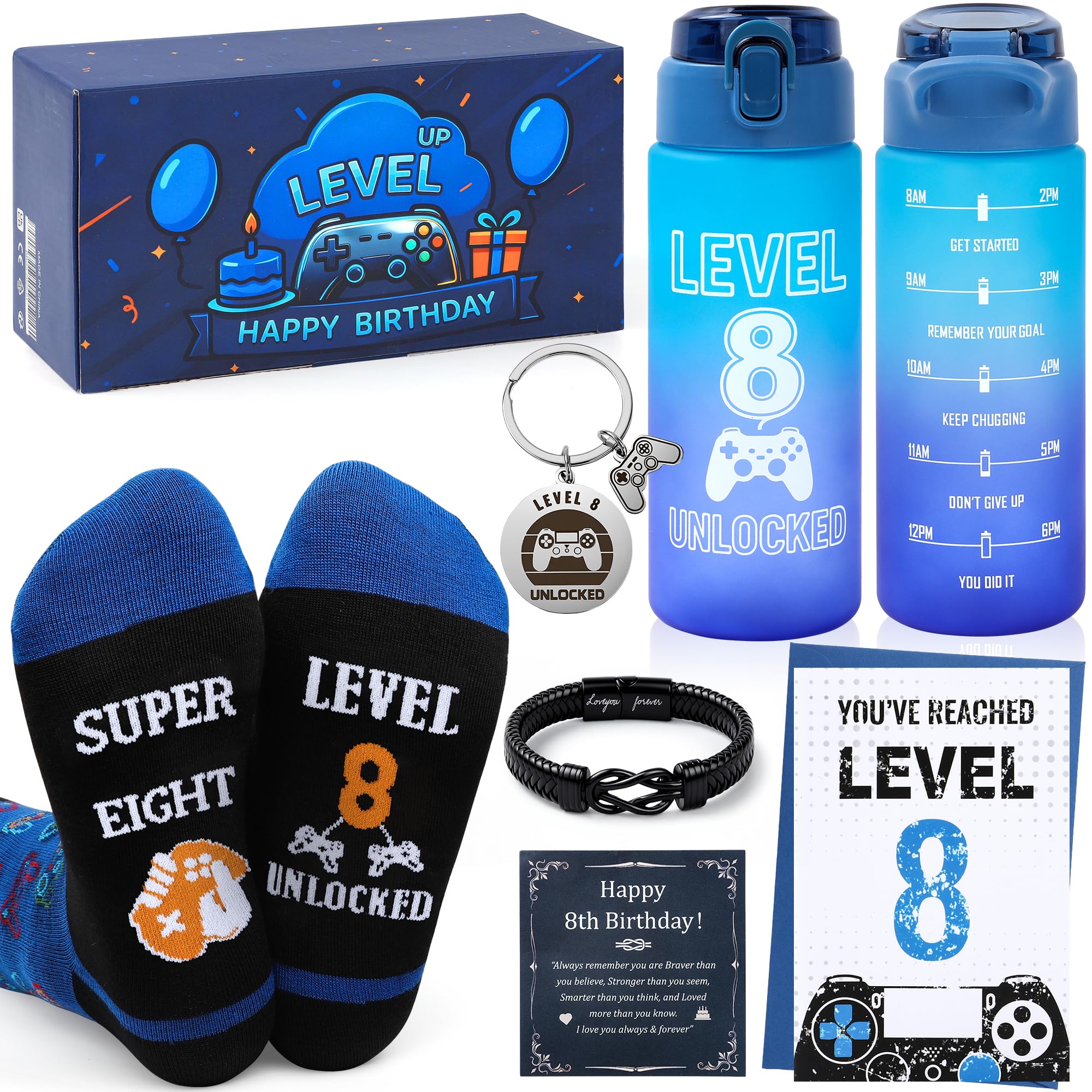 EccoDen 8th Birthday Gifts for Boys Age 8 – Funny Gamer Gift Set with Sports Water Bottle, Gamepad Keyring, Level 8 Socks & Bracelet – Cool Birthday Presents for Gamer Kids