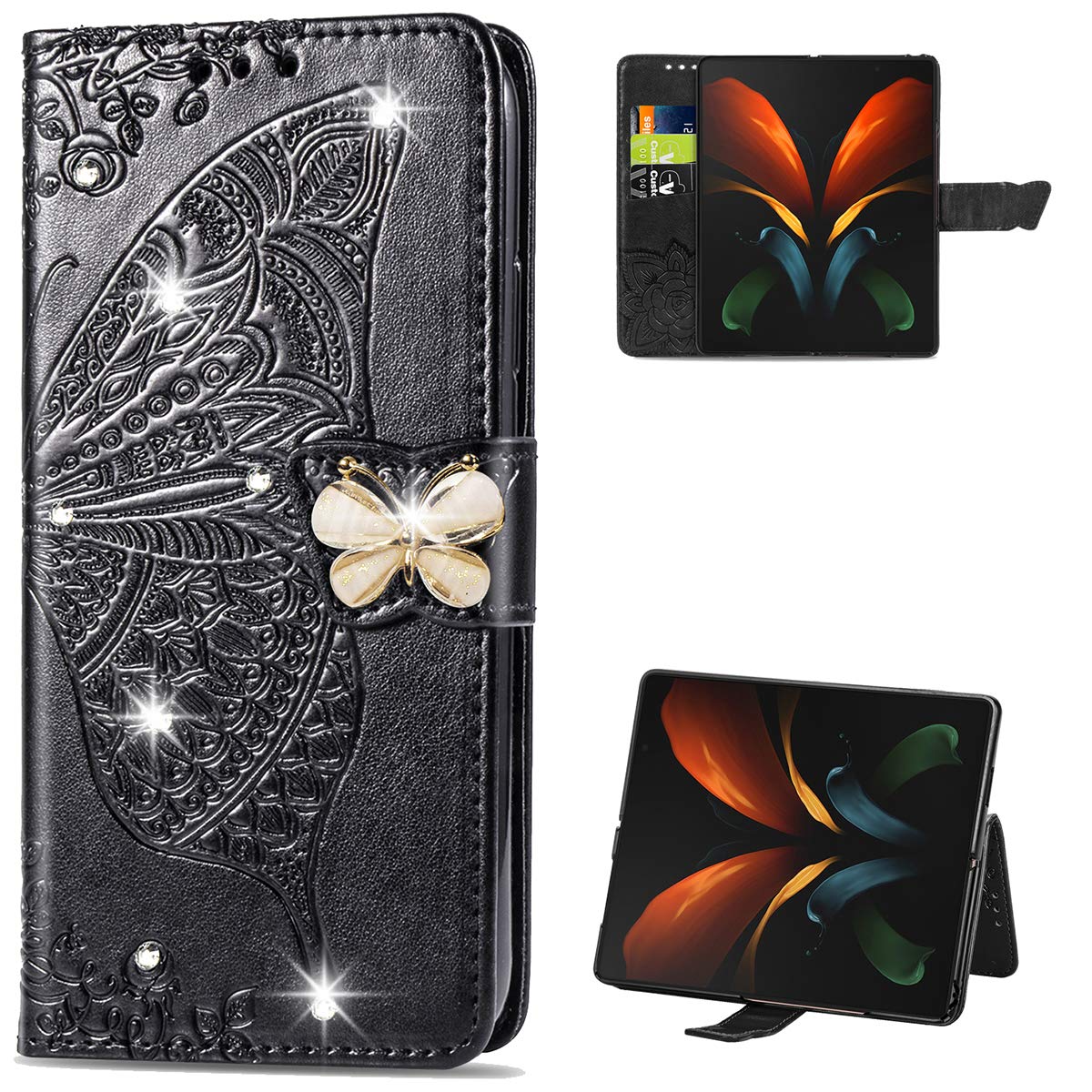 Wallet Case for Samsung Galaxy Z Fold2 5G,SZYZ 3D Butterfly Embossed Leather Flip Kickstand Case with Magnetic Closure and Card Slots Cover for Samsung Galaxy Z Fold2 5G,HZD (Rhinestone Black