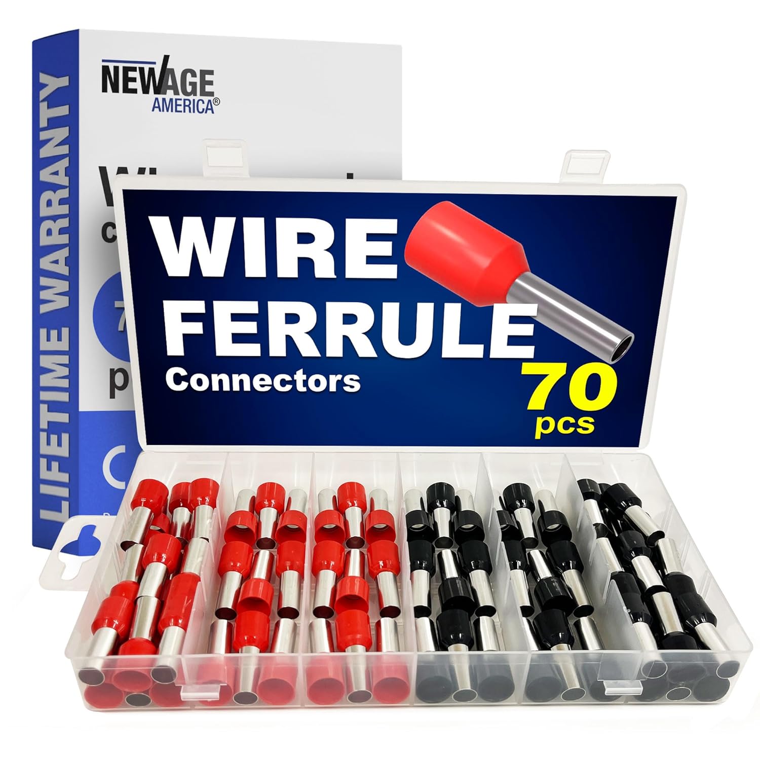 New Age America® 70pcs Wire Ferrules Kit | AWG 4 | Copper & Nylon | Black & Red | Insulated Cord Pin End Terminal | Cable Ferrules | Wire Ends Terminal Kit | 4 Gauge Ferrule | Crimp Connectors 70 PCS | AWG 4