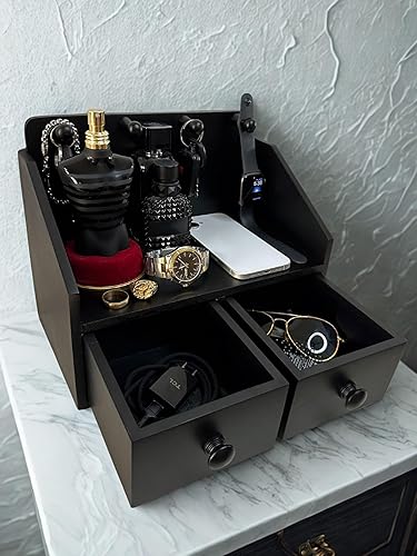 Miniatura 3 de NOBLEHAUS KOLM - Organizador de colonia para hombre, soporte de colonia de madera con cajones, ganchos para llaves y ranura para teléfono, elegante