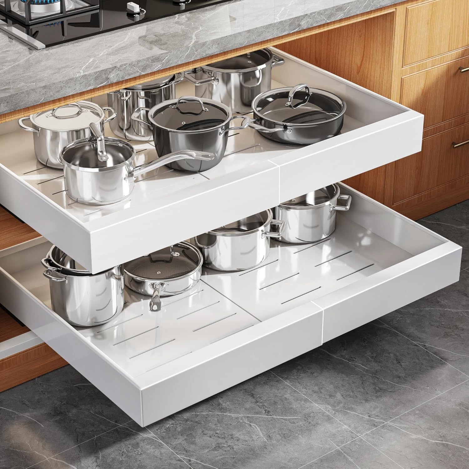 2 Pack Expandable Pull Out Cabinet Organizer 21"Deep With Raising Pad for Framed Cabinets,Upgrade 3 Slide Rails Slide Out Drawers,Roll Out Shelves Adhesive,Adjustable Width 15.15"-26.3" White White 21"D x 15.15"-26.3"W(2Pack)