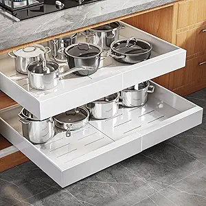 2 Pack Expandable Pull Out Cabinet Organizer 21"Deep With Raising Pad for Framed Cabinets,Upgrade 3 Slide Rails Slide Out Drawers,Roll Out Shelves Adhesive,Adjustable Width 15.15"-26.3" White