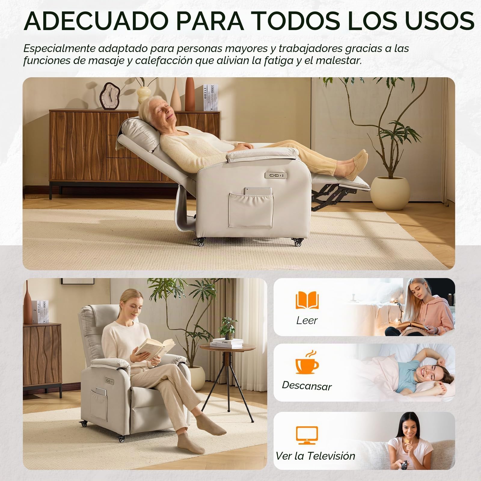 Bonnlo Sillón Relax Reclinable Eléctrico con Ruedas, Sillón Relax con Puntos Masaje y Calor, con Cojín y Reposacabezas, para Salón y Oficina, Soporte hasta 150 kg (Gris Perla, Antigarra-2 Puntos)