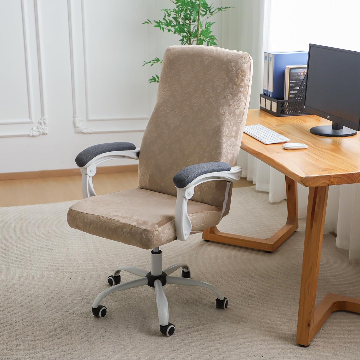 FORCHEER Large Office Chair Cover Velvet Embossing Camel Stretch Slipcover for Desk Computer Chairs with Arm Removable Washable（ 1 Piece）