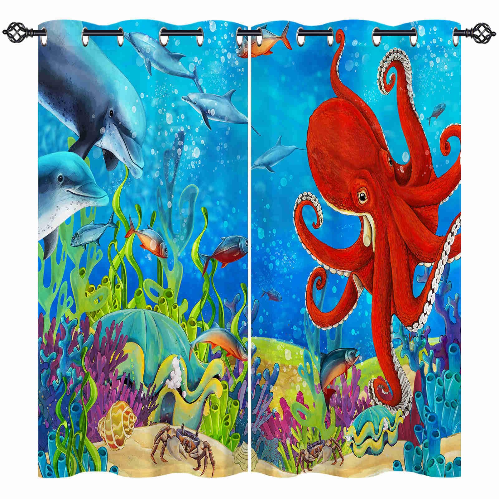 ANHOPE Underwater Curtains Eyelet Ring Top Soft Thermal Insulated Blackout Curtains Ocean Dolphin Octopus Print Pattern Decorative Window Drapes for Kids Bedroom Living Room 52 x 63 Drop Inch 2 Panels — image 1