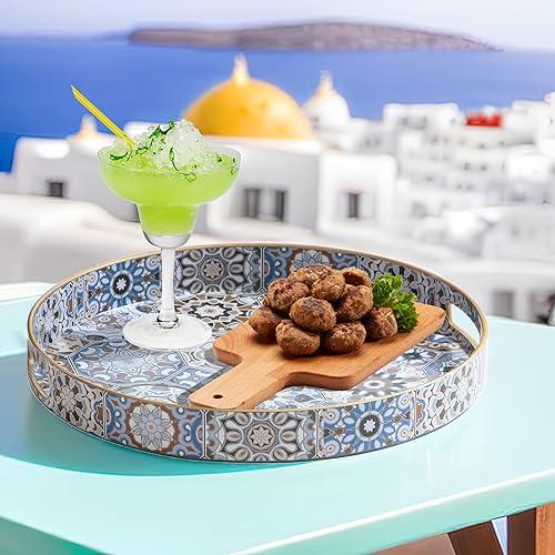 Miniatura 7 de Cadroger Bandeja de mesa auxiliar para sala de estar, 2 bandejas delicadas para servir con asas, moderna bandeja otomana de plástico azul, bandeja