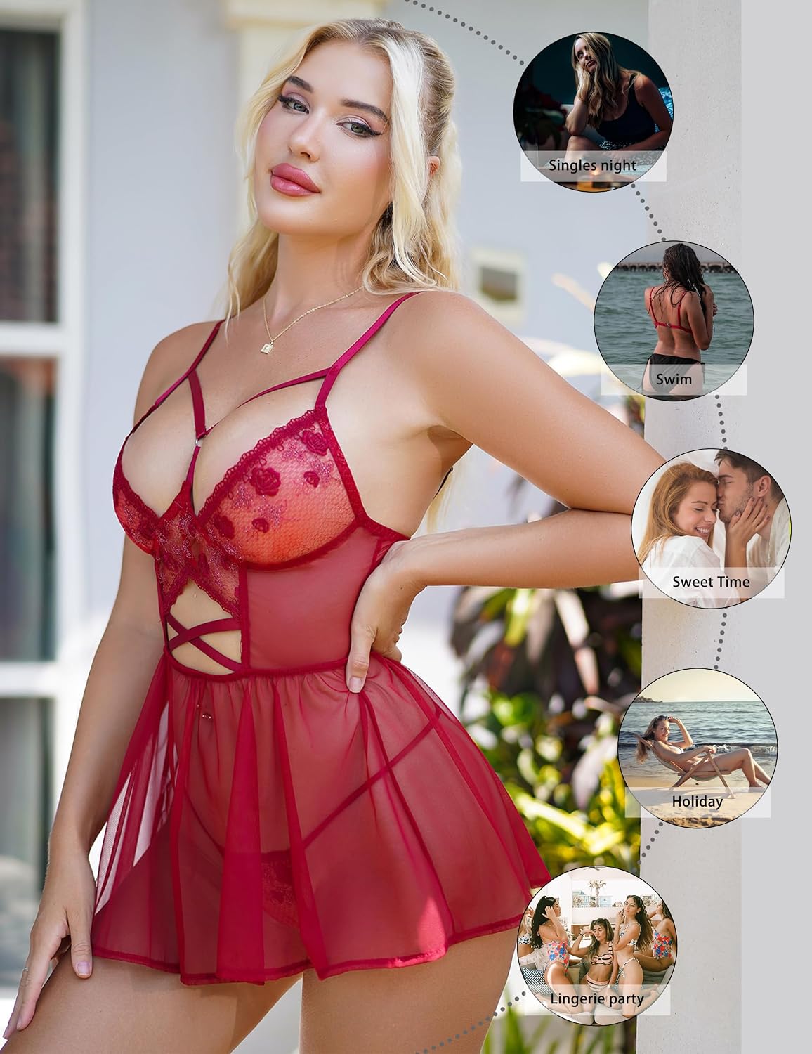 Women Lingerie Babydoll Lace Chemise Mesh Sleepwear V Neck Sleepwear Teddy Lingerie