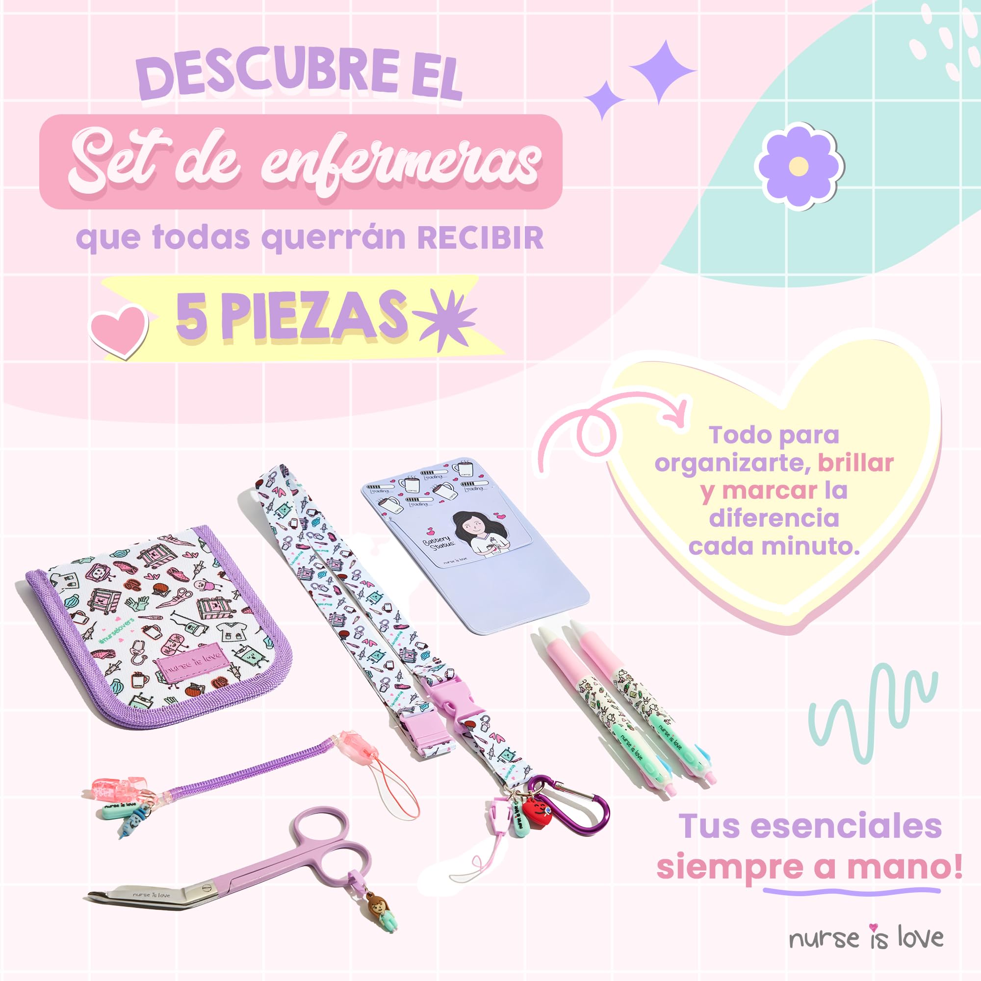 Nurse is Love Set 5 Pzas. Regalos Enfermera Original Y TCAE | Tijeras Enfermeria + Salva bolsillos Enfermeria + Bolígrafos 4 Tintas + Organizador De Bolsillo + Lanyard + Porta Tijeras | Accesorios