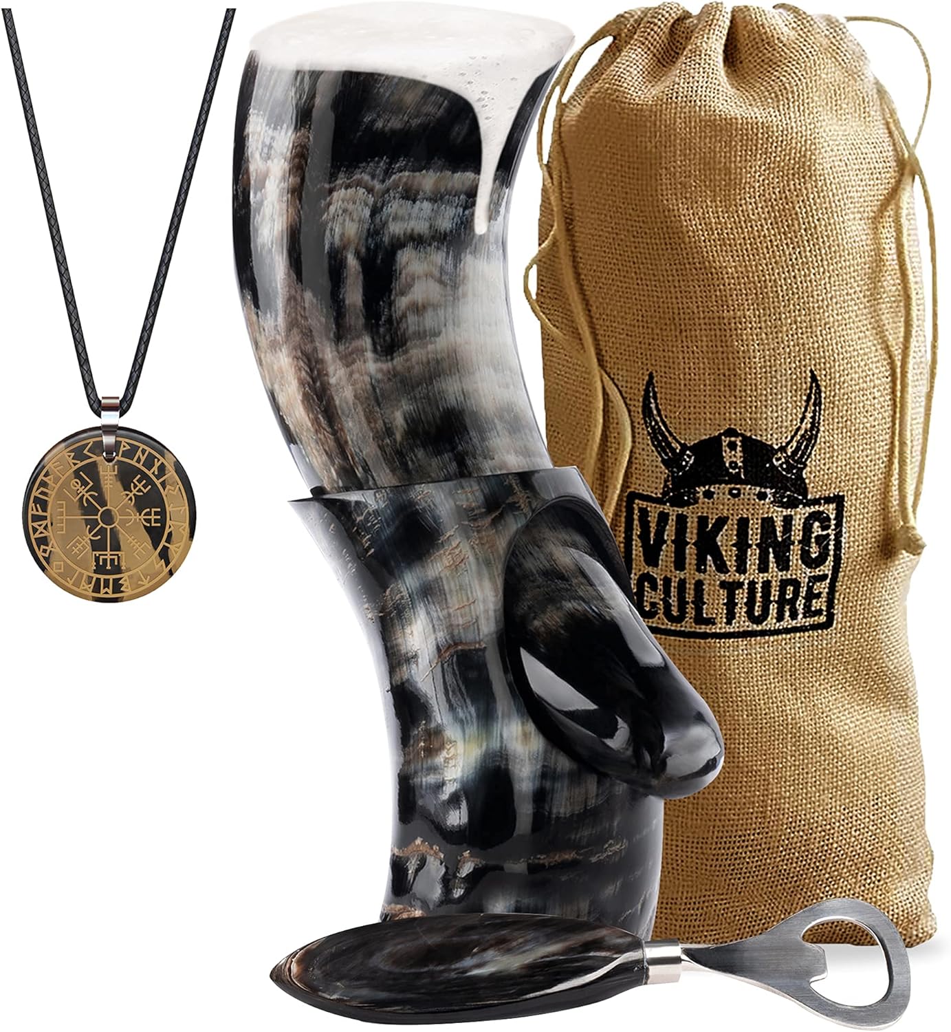 Viking Culture 12 Oz. Viking Drinking Horn with Beer Opener, Stand, Viking Pendant and Vintage Burlap Bag, Polished Finished with Authentic Medieval Norse Style