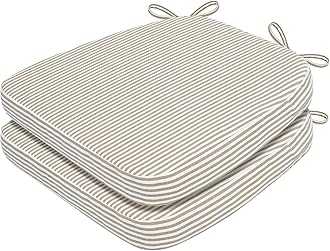 AAAAAcessories D-Shaped Chair Cushions, 2" Thick Dining Chair Pads with Ties and Removable, Machine-Washable Cover, 17" x 16", Set of 2, Natural Sand Pinstripe