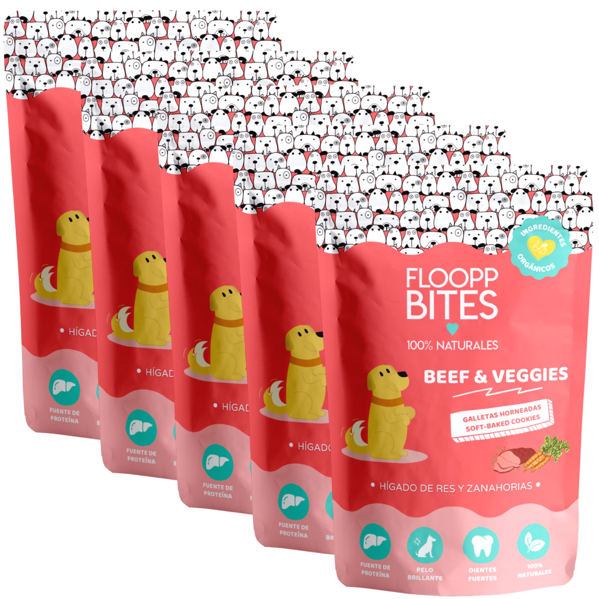 FlooppBITES Chuches para perros - Snacks para perro - Galletas perro 100% Naturales - Premios y golosinas - Alimento complementario perros - Beef & Veggies x 5 Pack (Total 500gr.)