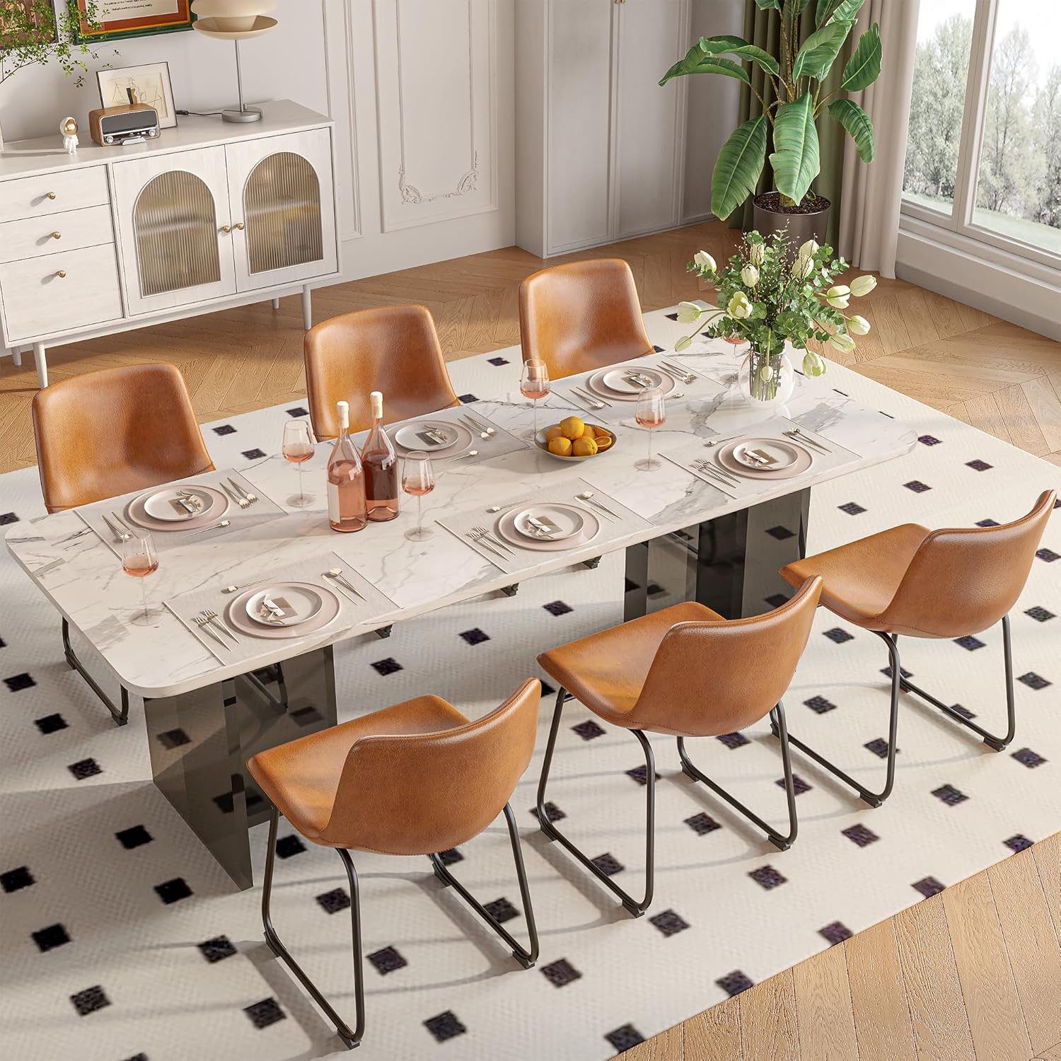 REONEY Dining Chairs Set of 6, 18" PU Leather Armless Dinner Chairs with Backrest, Modern Kitchen Dining Room Chair with Metal Legs for Home (Brown)