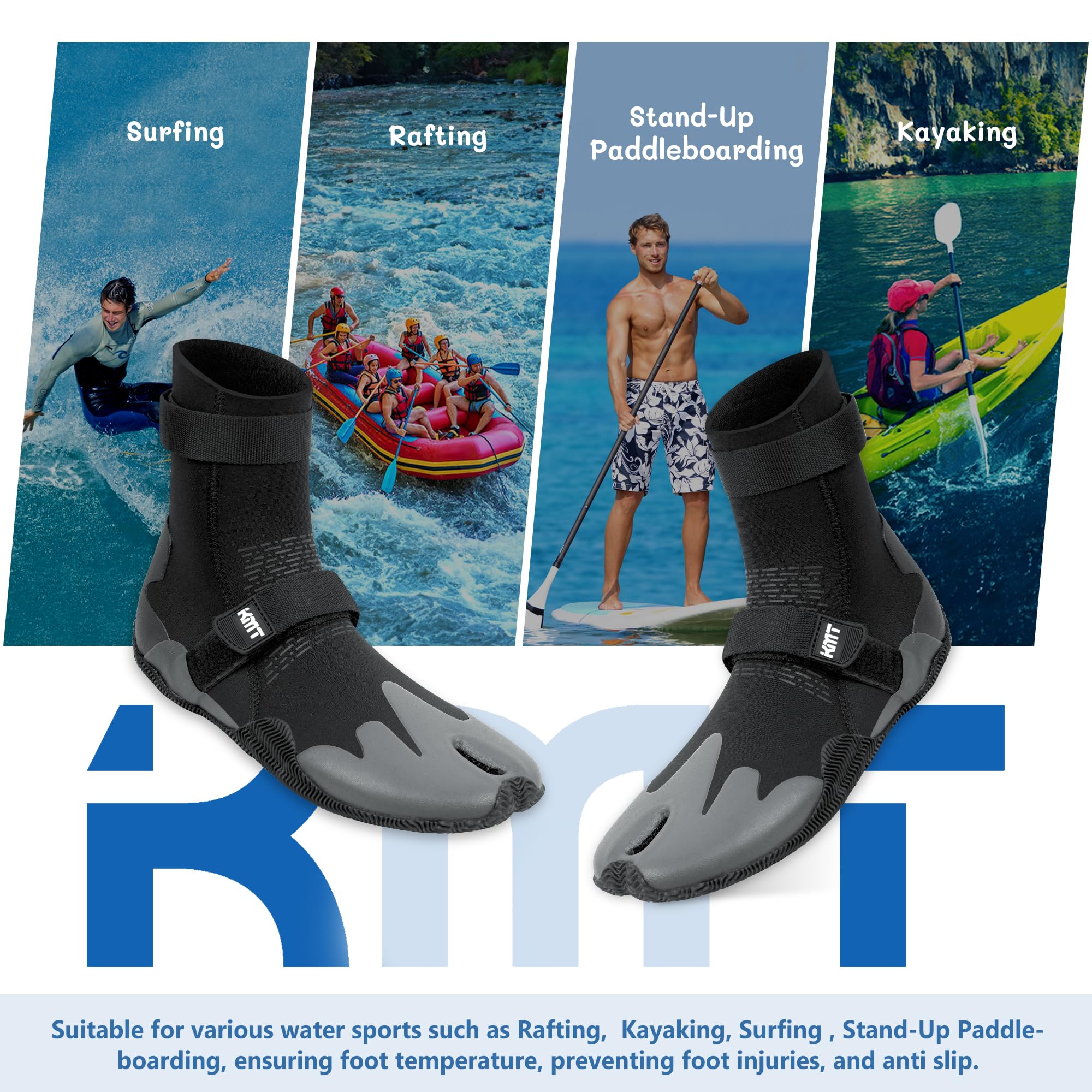 KMT Botas de agua de 3 mm, botines de punta dividida con suela antideslizante para surf, paddleboard, kayak