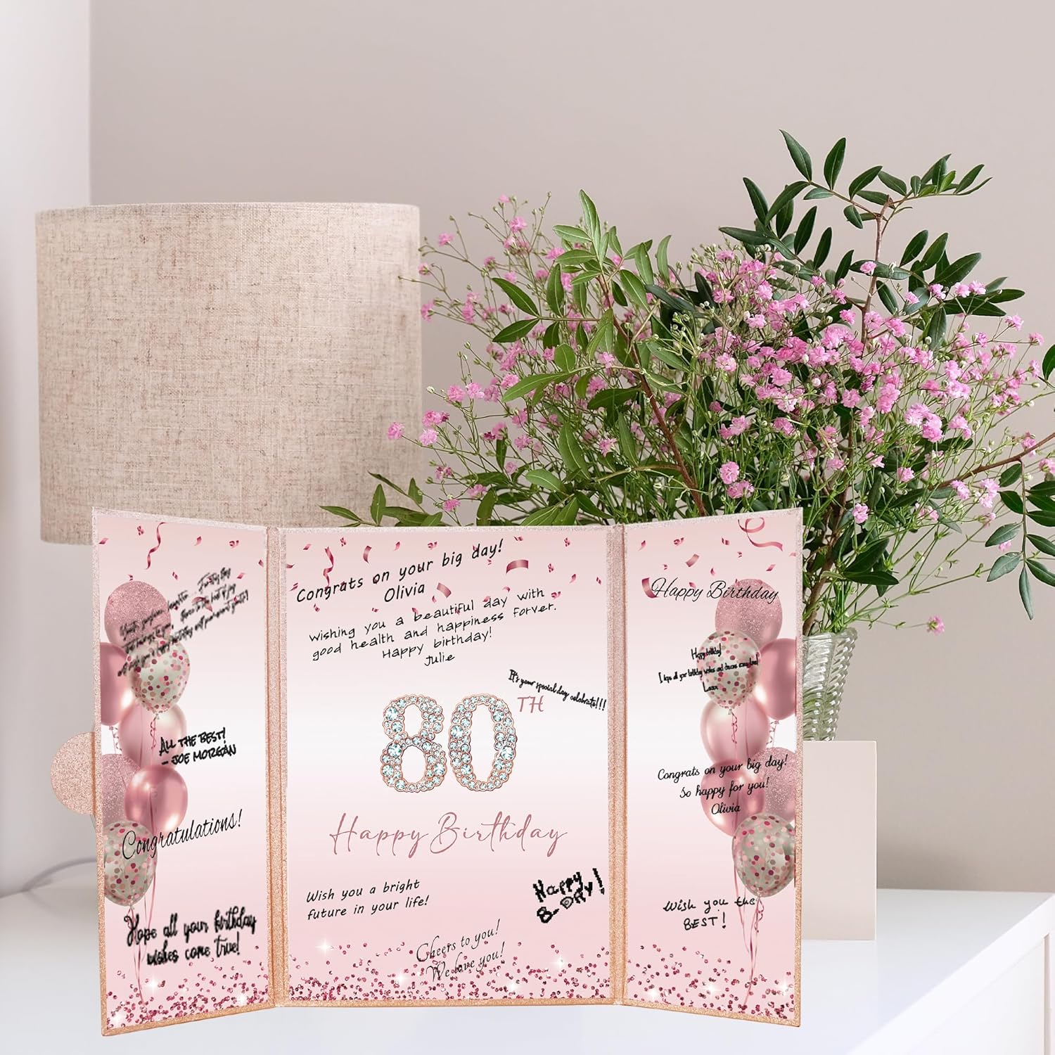 DARUNAXY Rose Gold 80th Birthday Party Decorations, Happy 80th Birthday Alternative Signature Guest Book for Women Pink Cheers to 80 Years Old Gifts 80 Birthday Signing Card Board Party Supplies - Image 4
