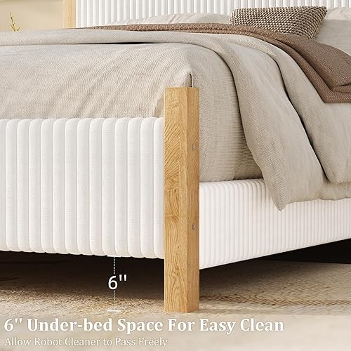 Miniatura 5 de HOMBCK Base de cama Queen con cabecero, base de cama tapizada de pana, cabecera de diseño de canal vertical, no necesita somier, estructura fuerte,