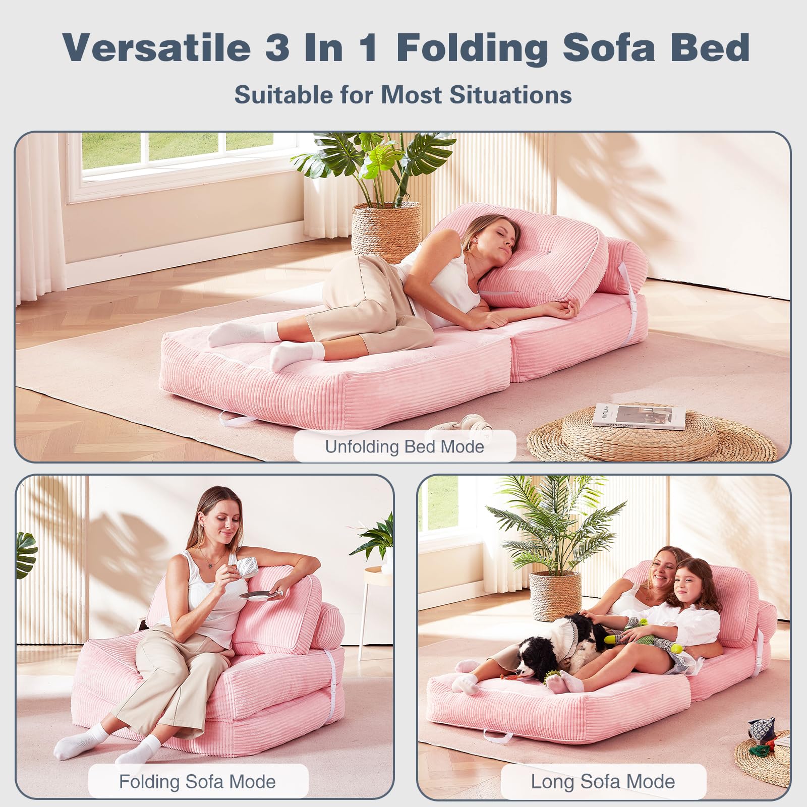Futon Sofa Bed Chair - Convertible Sleeper Bed for Small Space, No Assembly Required, Space-Saving, Breathable & Sweat-Wicking for Post-Workout Recovery, Yoga Stretch, Lounging, Gaming, Naps
