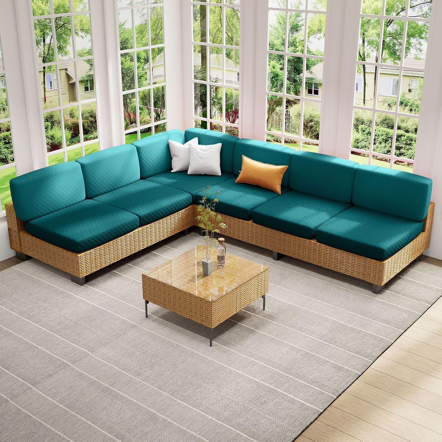hyha Outdoor Couch Cushion Covers, Sectional Couch Sofa Covers Washable, Jacquard Diamond Lattice, Stretch Sofa Seat Cushion Cover for Indoor/Outdoor Patio Furniture (2 Pieces, Teal)