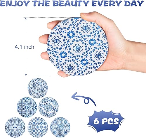 Miniatura 9 de Posavasos de cerámica absorbentes para bebidas, juego de soporte de metal, seco y limpio, parte inferior de corcho antideslizante, porcelana azul y