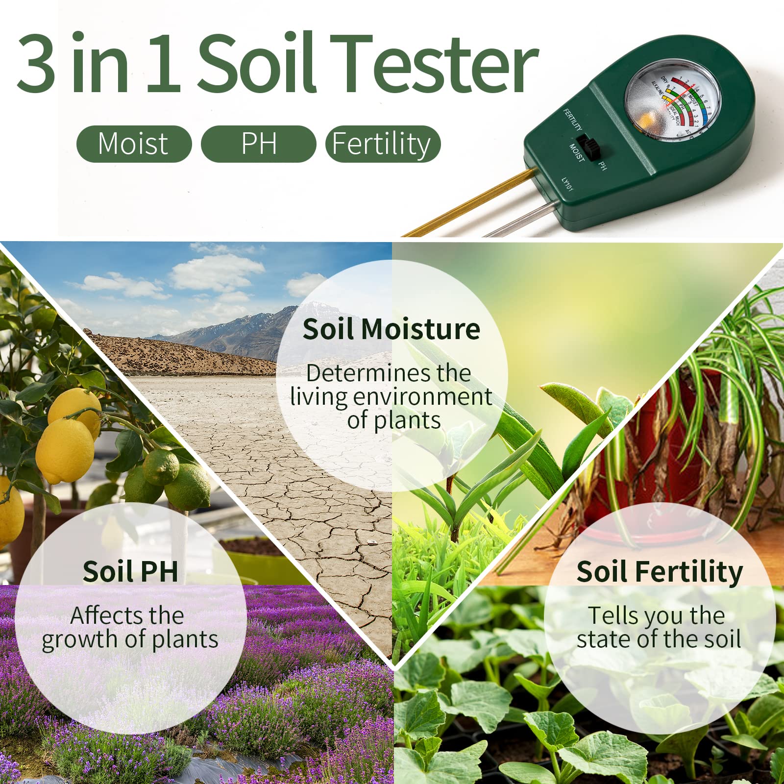 BANDQ Kit De Prueba De Suelo 3 En 1, Medidor De PH Del Suelo, Medidor De Humedad Del Suelo, Probador De Suelo De Fertilidad, Probador De Suelo Para Jardín, Césped, Granja