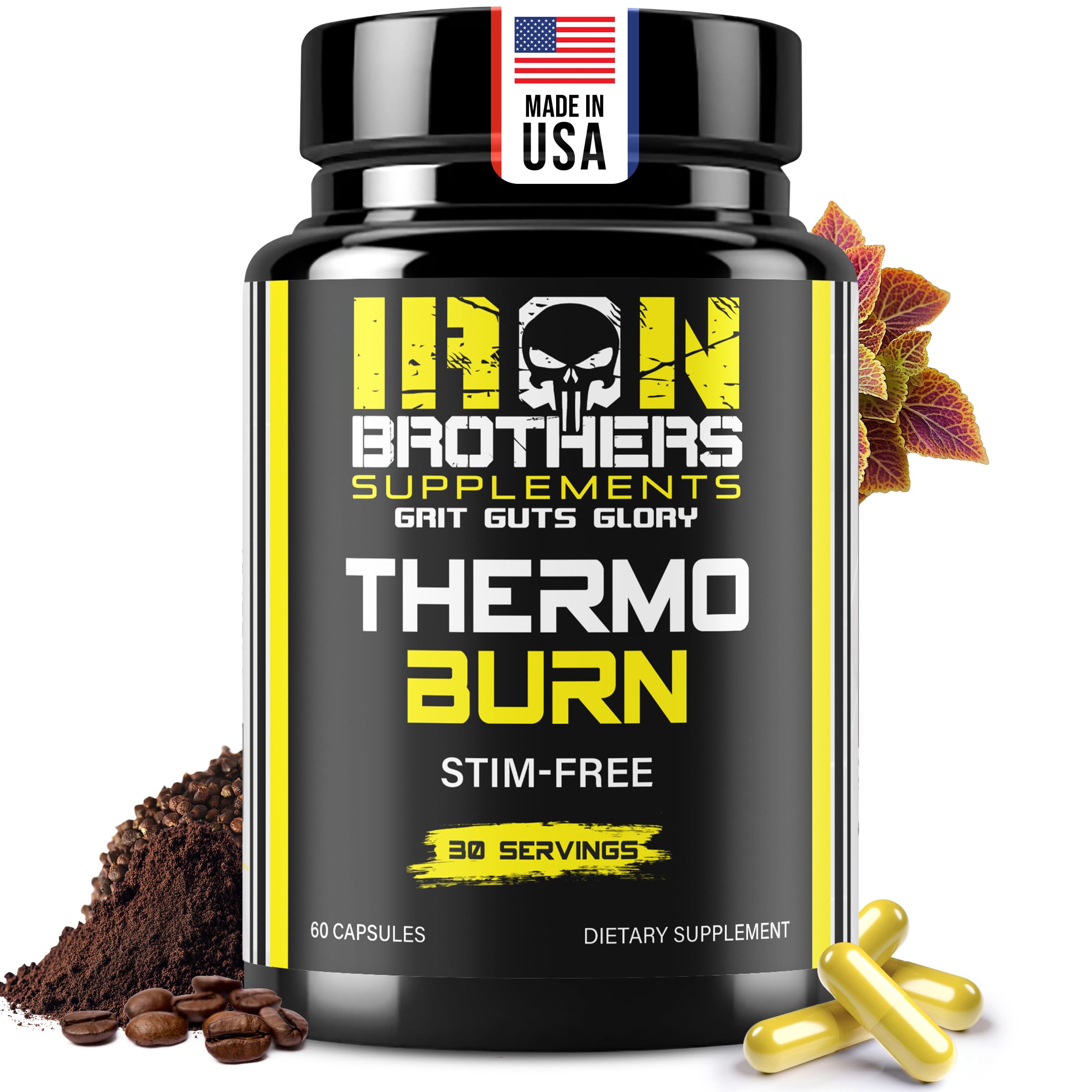 Iron Brothers Stimulant Free Fat Burner – Non Stim Thermogenic Metabolism Booster – Acetyl L-Carnitine, Grains of Paradise & Forskolin – Caffeine Free Weight Loss Support – 60 Capsules