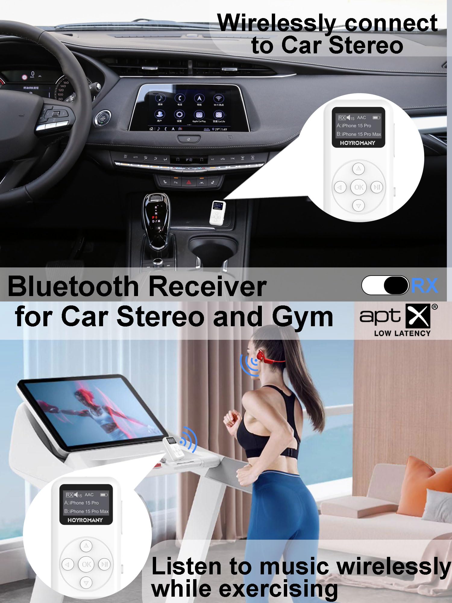 Trasmettitore Ricevitore Bluetooth 5.3 con Schermo OLED, 2 in 1 Adattatore con Jack Aux 3,5mm, aptX Bassa Latenza, HD Audio con Batteria da 25 Ore per TV, Impianto Stereo, 2 Cuffie, Auto