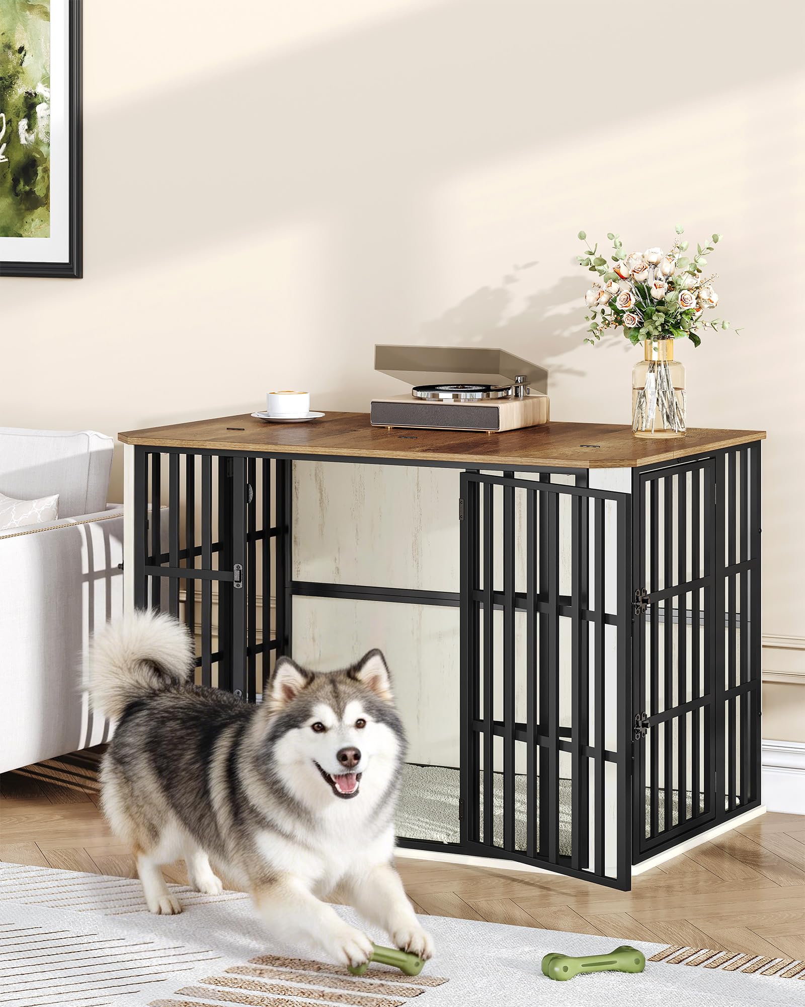 Hzuaneri 120 cm Gabbia per Cani, Cuccia Moderna per Cani Interno, Casetta per Animali, 3 porte, 75 x 120 x 81 cm, XXL, Bianco e Marrone DFC86814B
