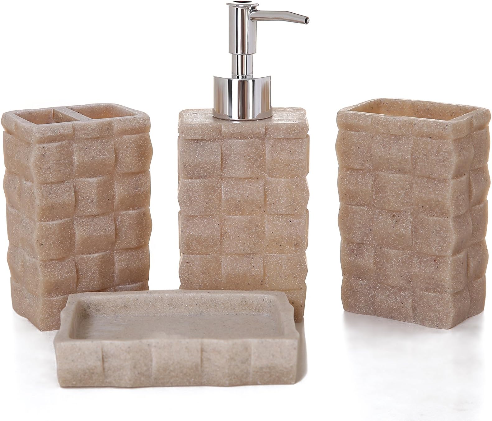 THE GIFT FOR LIFE Stylish 4 pieces bathroom accesory set, dress your bathroom with this chic decorative set. Features: tumbler, toothbrush holder, soap dispenser pump and soap or hand towel dish.
