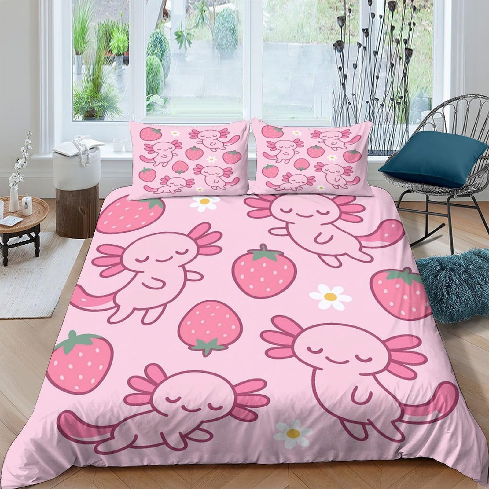 Ctjqhvkz Style-5 3D Printed Pink Axolotl Strawberry Fitted Sheet Microfiber Soft Bed Cover For Bedroom Dorm Room Decor Single（135X200cm）