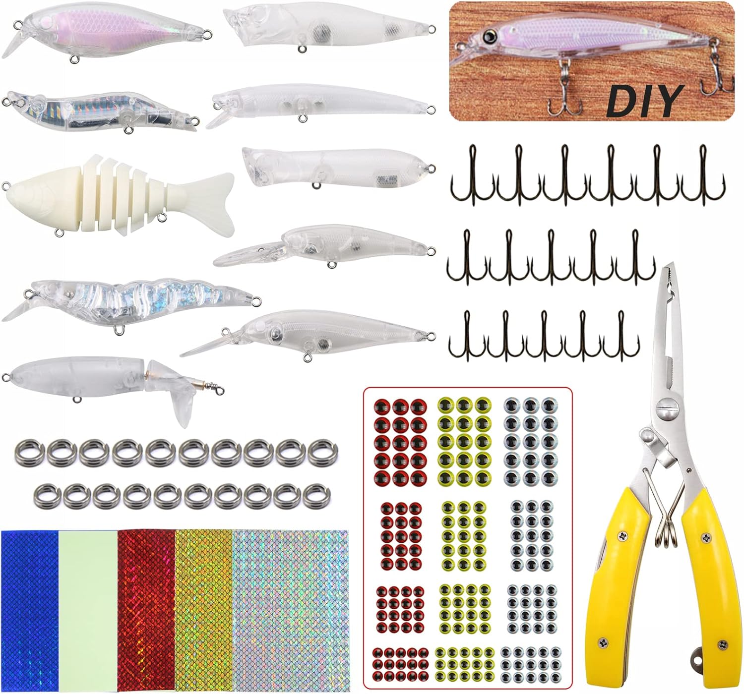Unpainted Fishing Lures Making Kit DIY Blank Lures Crankbaits Minnow Jerkbait Hard Bait Set with Treble Hooks, Split Rings, Lure Eyes Lure Making Supplies Make Your Own Fishing Lures