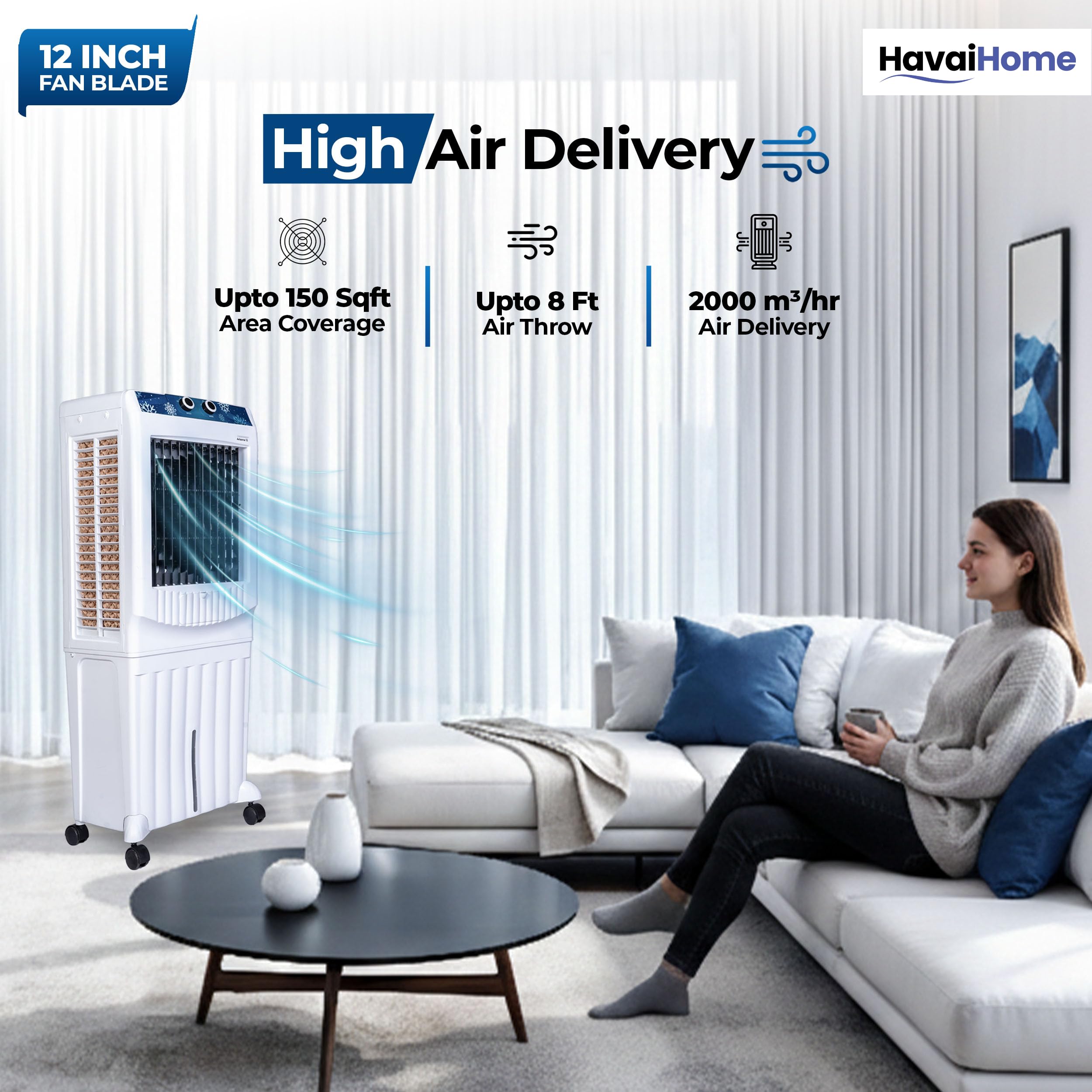 Havai Arizona 12 Personal Air Cooler | 60L Water Tank | 12-Inch High-Speed Fan | Air Throw up to 8 Feet | 2000 m³/hr Air Delivery | 3-Side Honeycomb Pads | Motorised Louvers | 120W | White 3